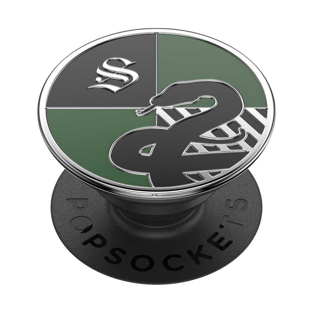 Enamel PopGrip phone grip with Slytherin crest, green and dark gray, black base