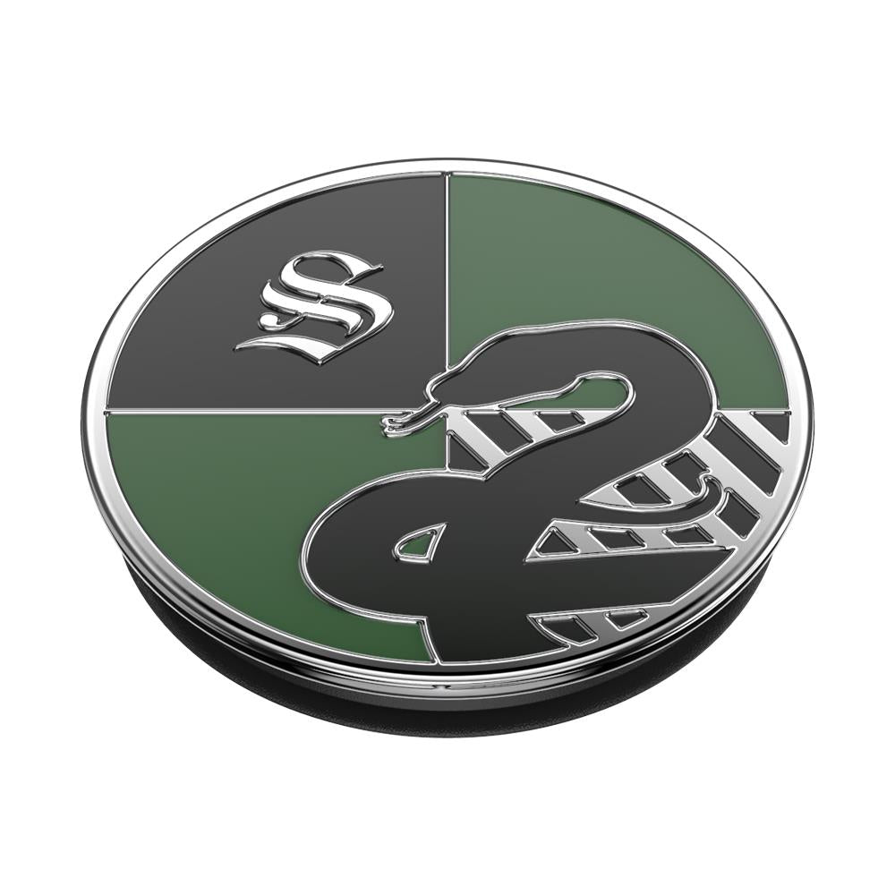 Enamel PopGrip phone grip with Slytherin crest, green and dark gray, round enamel top