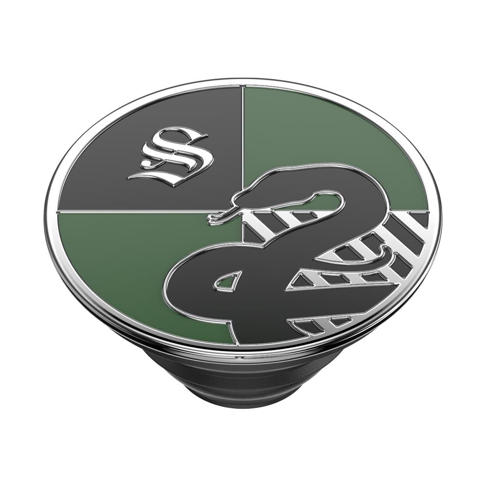 Enamel PopGrip phone grip with Slytherin crest, green and dark gray, angled view