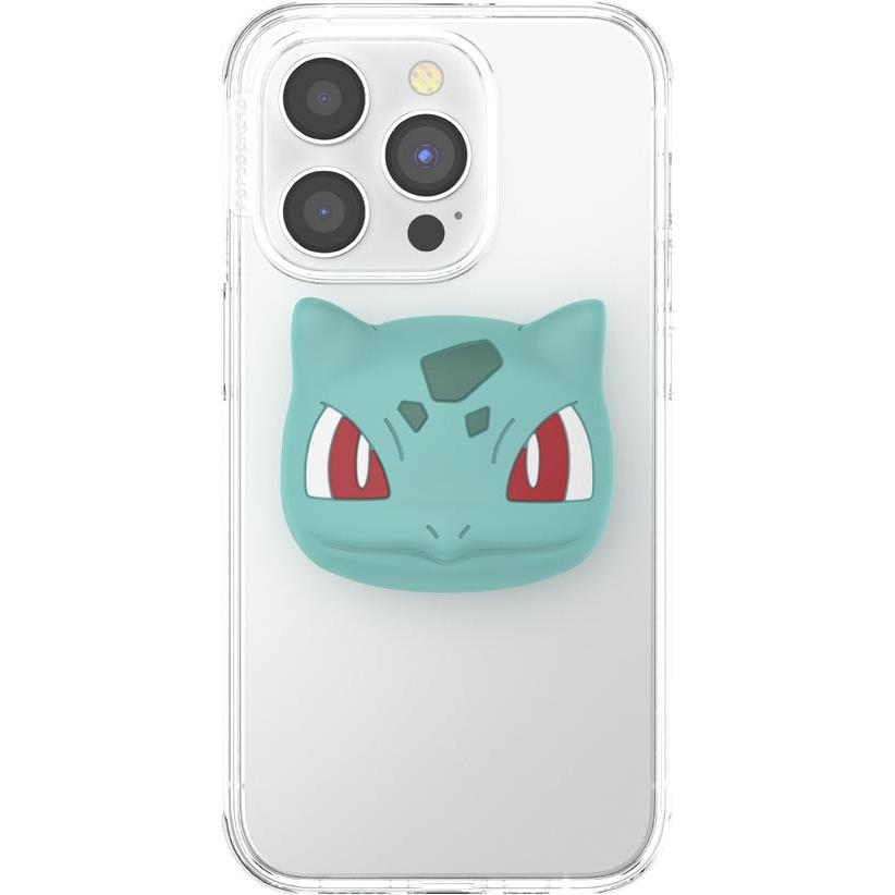 Teal Bulbasaur face PopGrip attached to the back of a clear phone case.