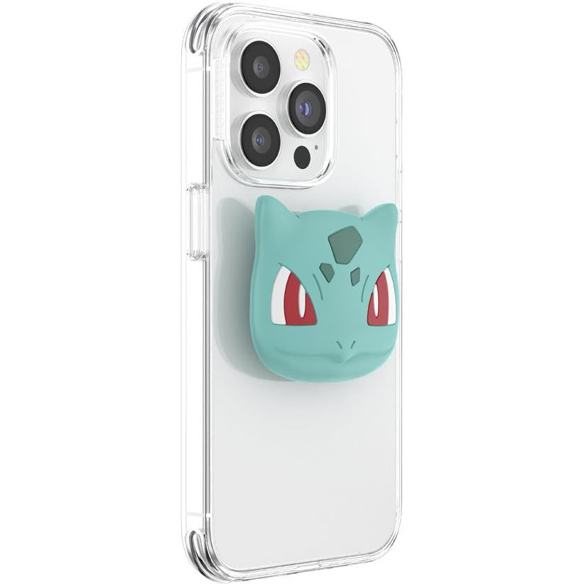 Teal Bulbasaur face PopGrip on clear phone case, front view angle.