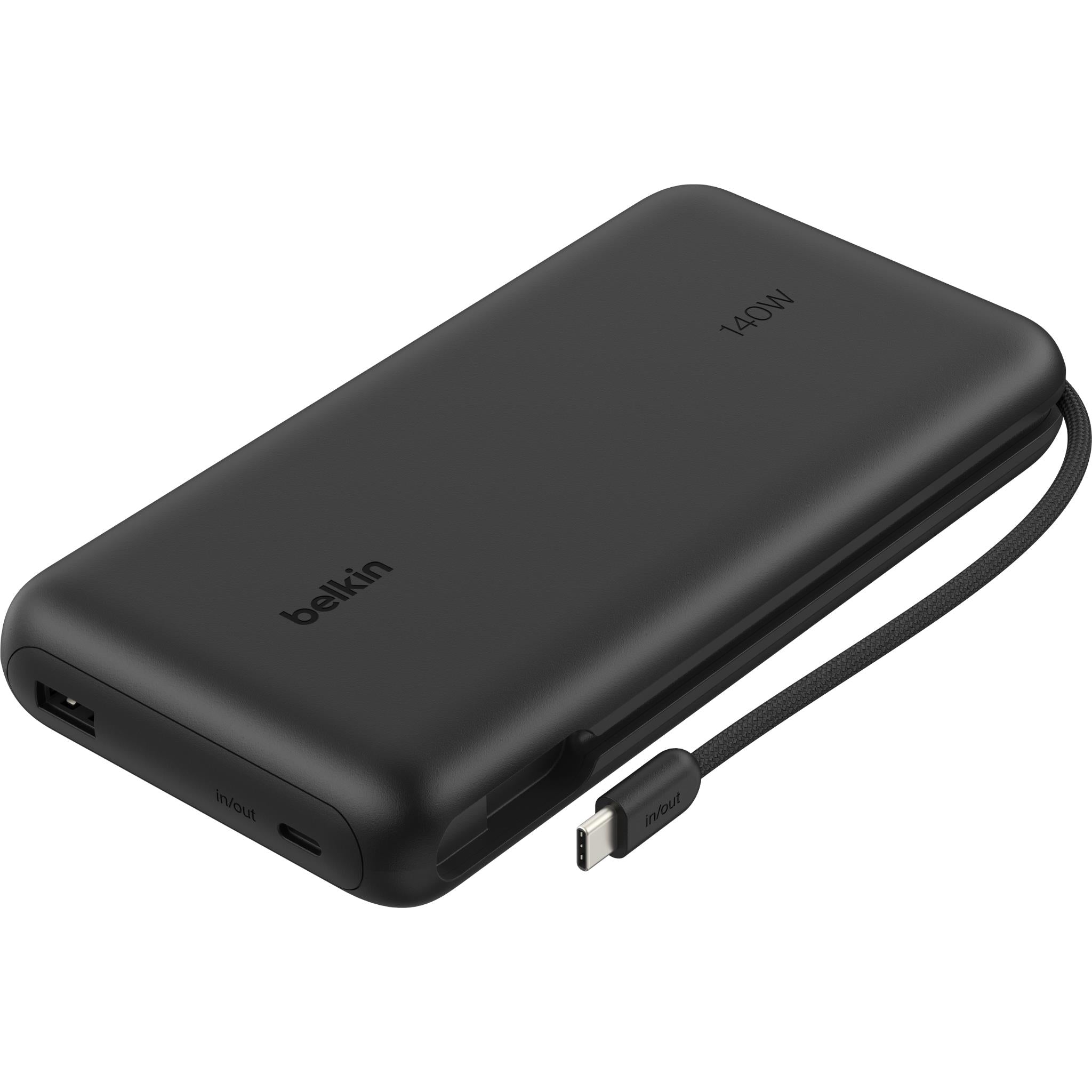 Black Belkin laptop power bank with USB-A and USB-C ports, front corner view