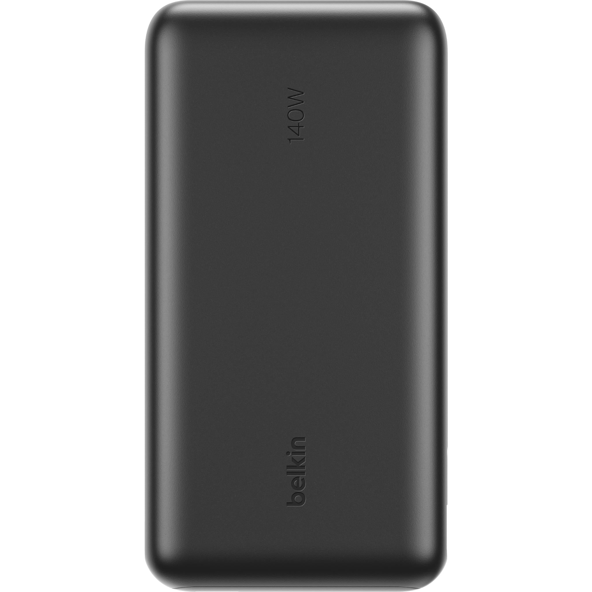 Black Belkin power bank, back panel view with 140W marking and brand logo