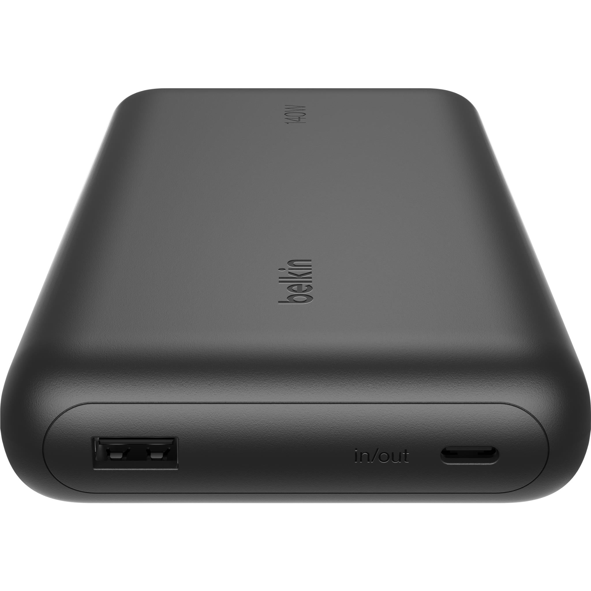 Black Belkin power bank, front/side view showing in/out ports and label area