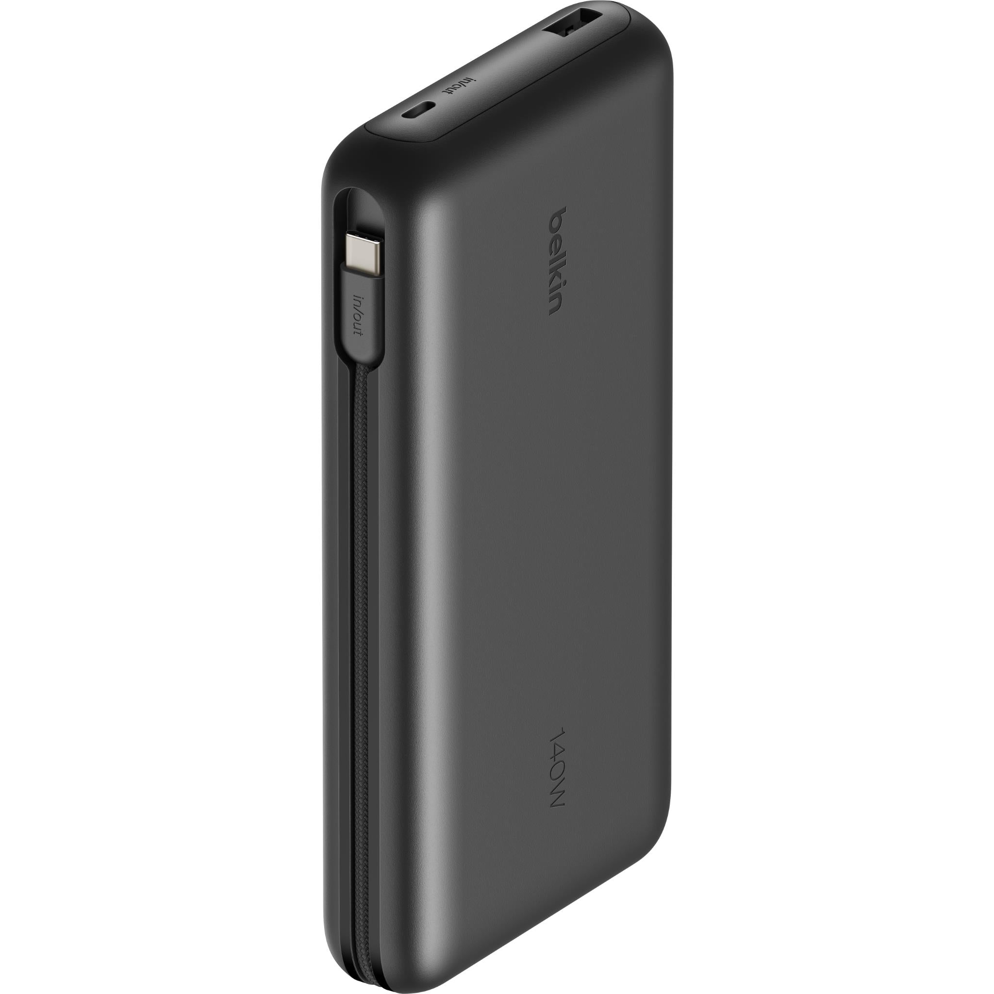 Black Belkin power bank, side view with charging ports and textured grip