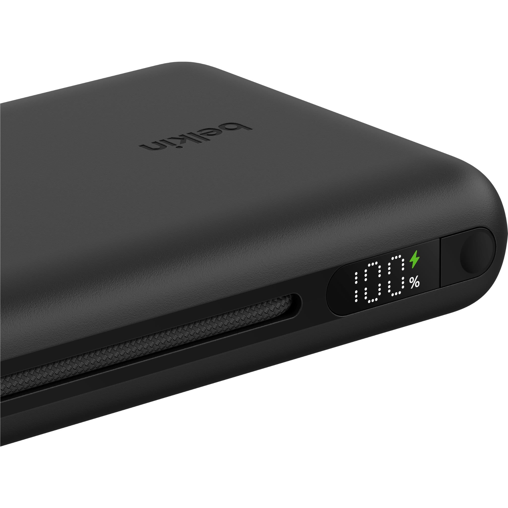 Black Belkin power bank with LED battery indicator and textured charging surface