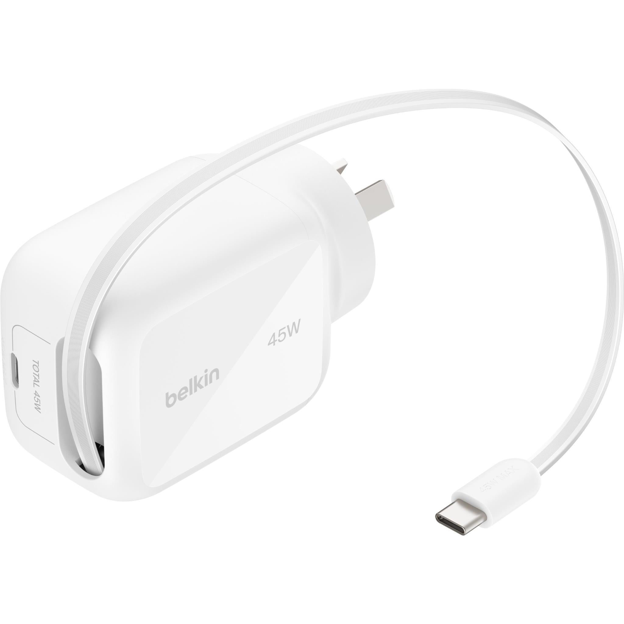 White 45W GaN wall charger with built-in USB-C cable and UK-style plug