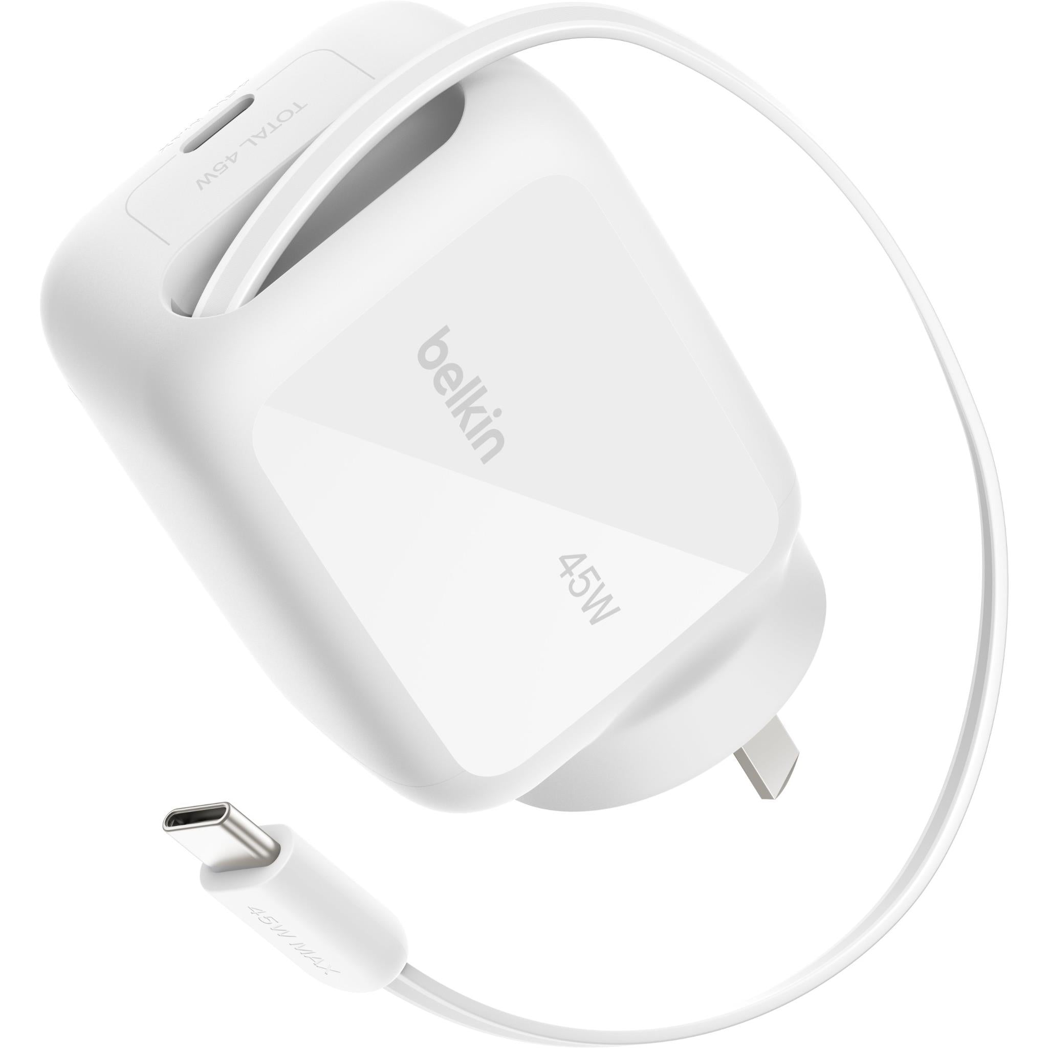 White 45W GaN wall charger with built-in USB-C cable and side-mounted outlet plugs