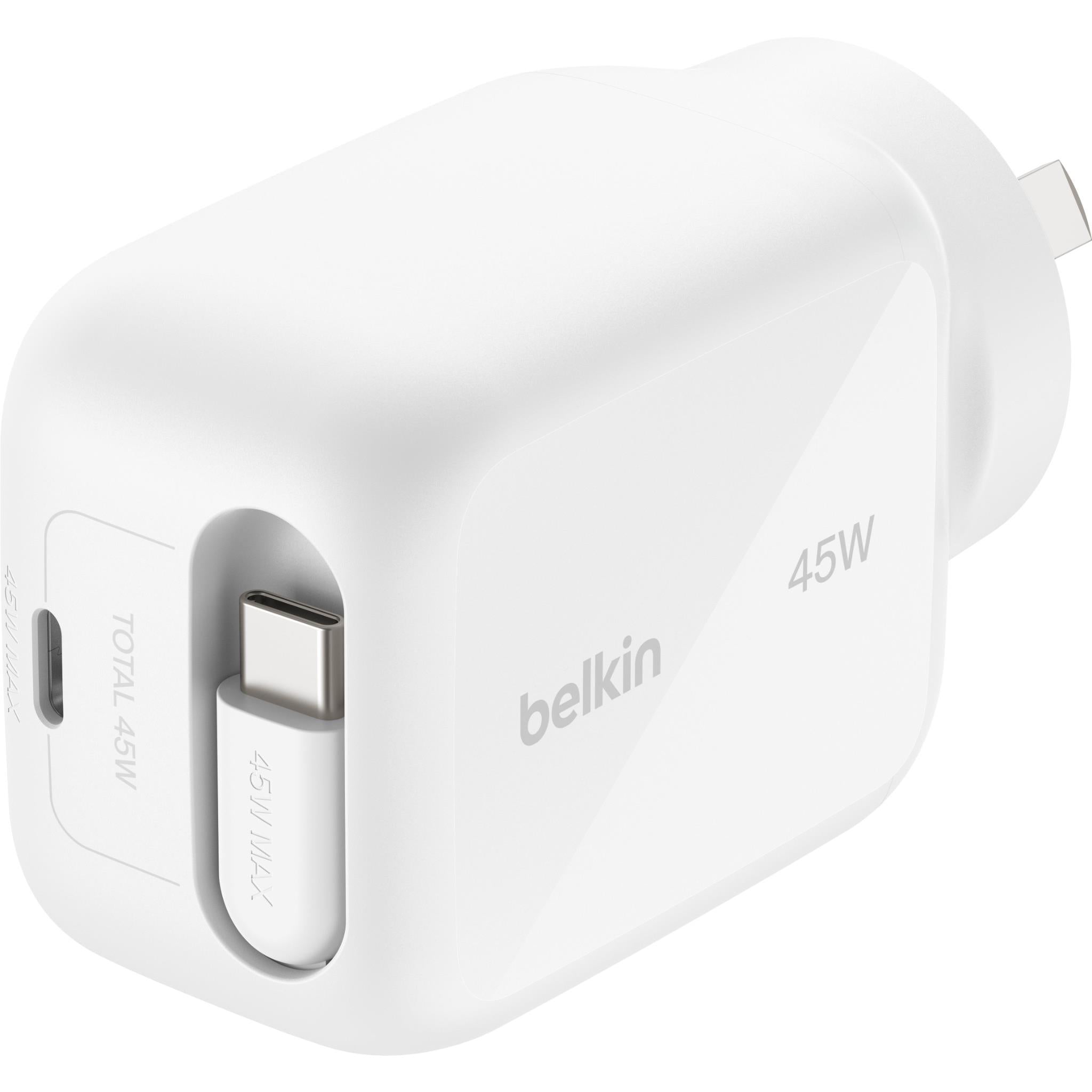 White 45W GaN wall charger with built-in USB-C connector in wall plug