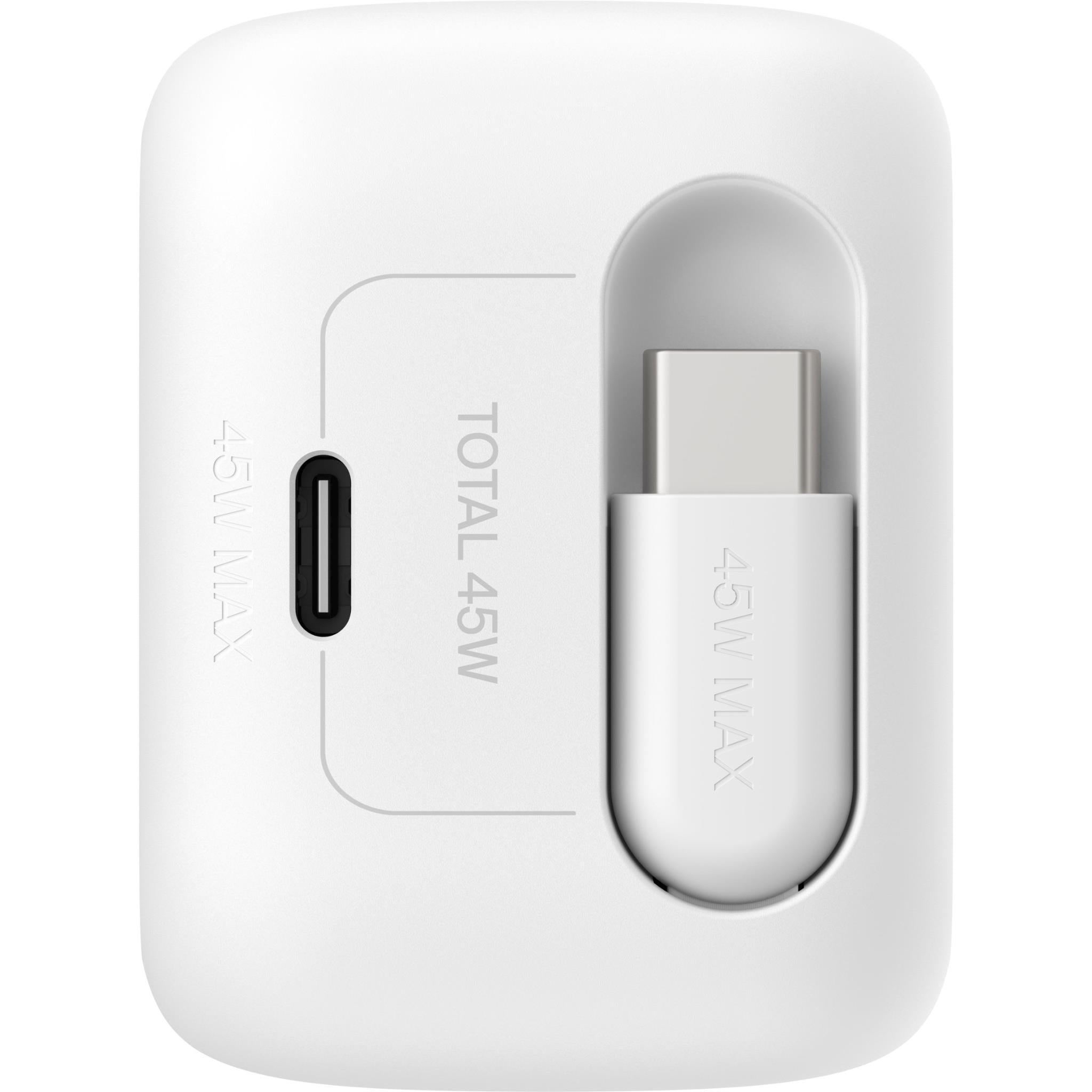 White wall charger with USB-A and USB-C ports, 45W output
