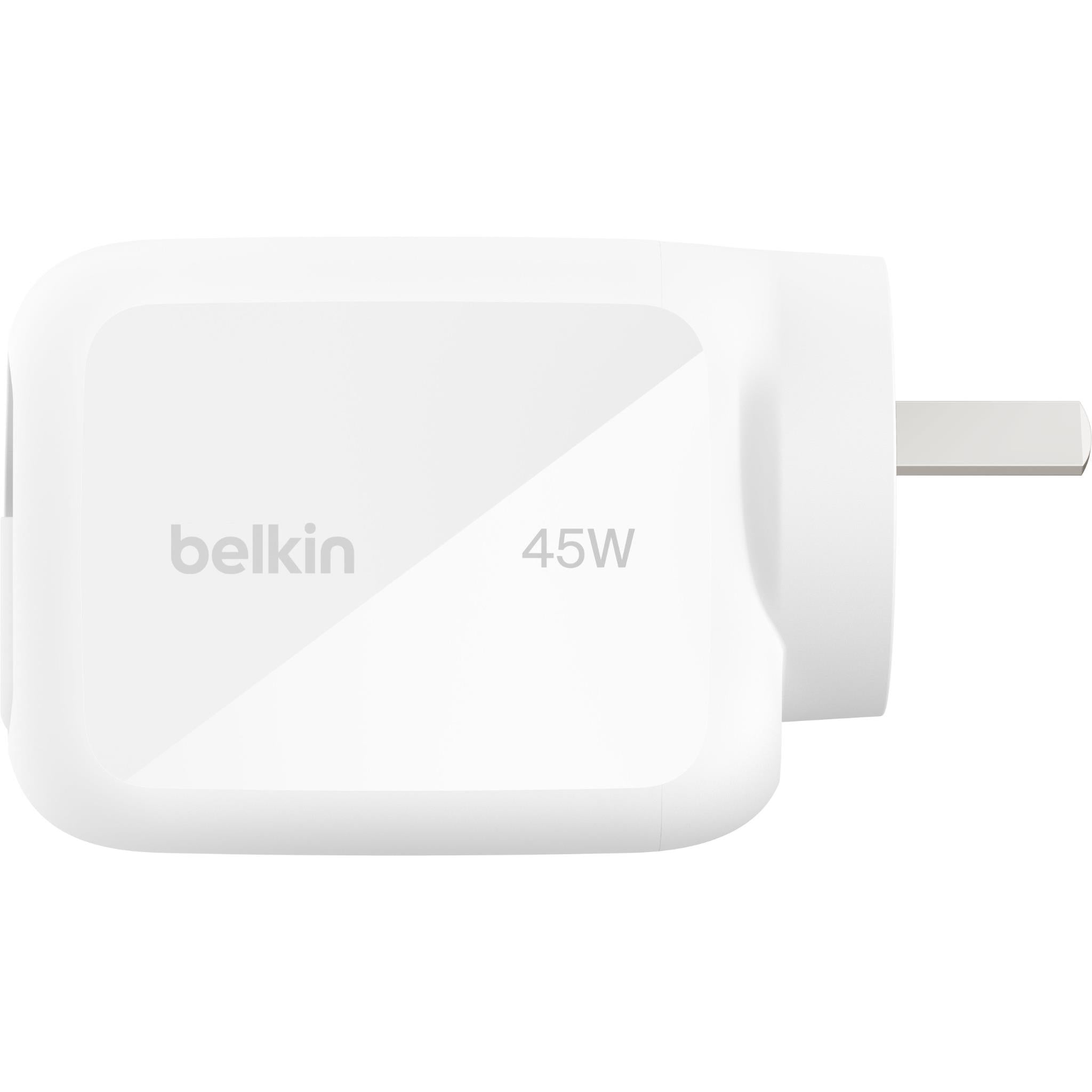 White 45W GaN wall charger with built-in cable and Belkin logo