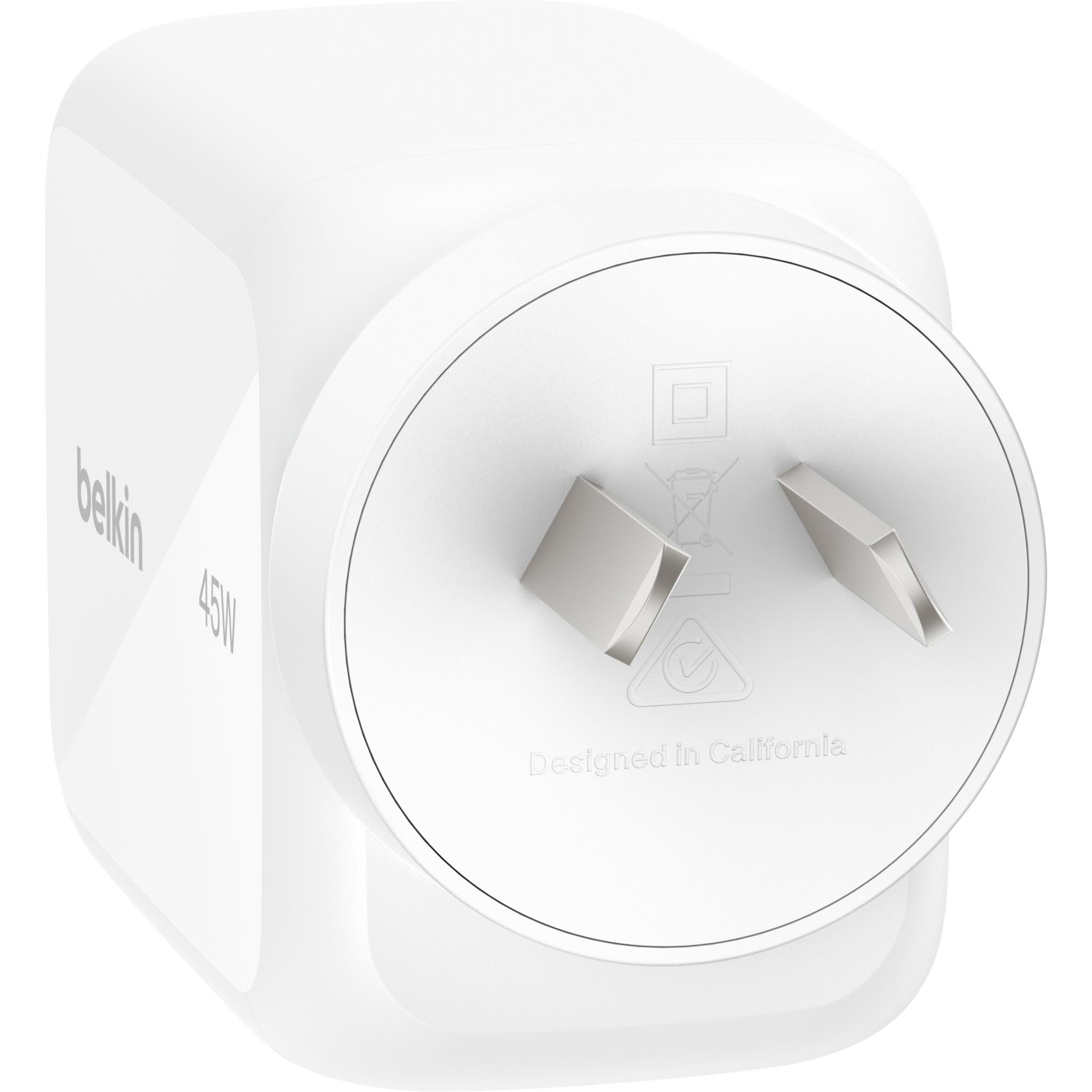 White 45W GaN wall charger back with two-pin plug and compliance icons