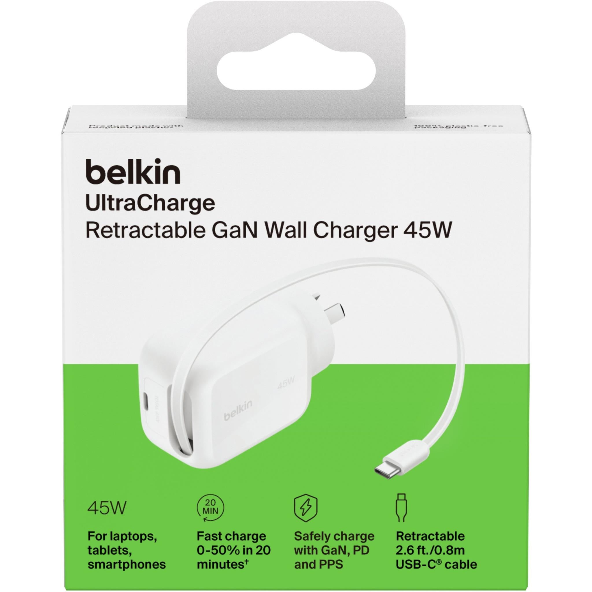 Belkin UltraCharge Retractable GaN wall charger box, 45W with USB-C cable
