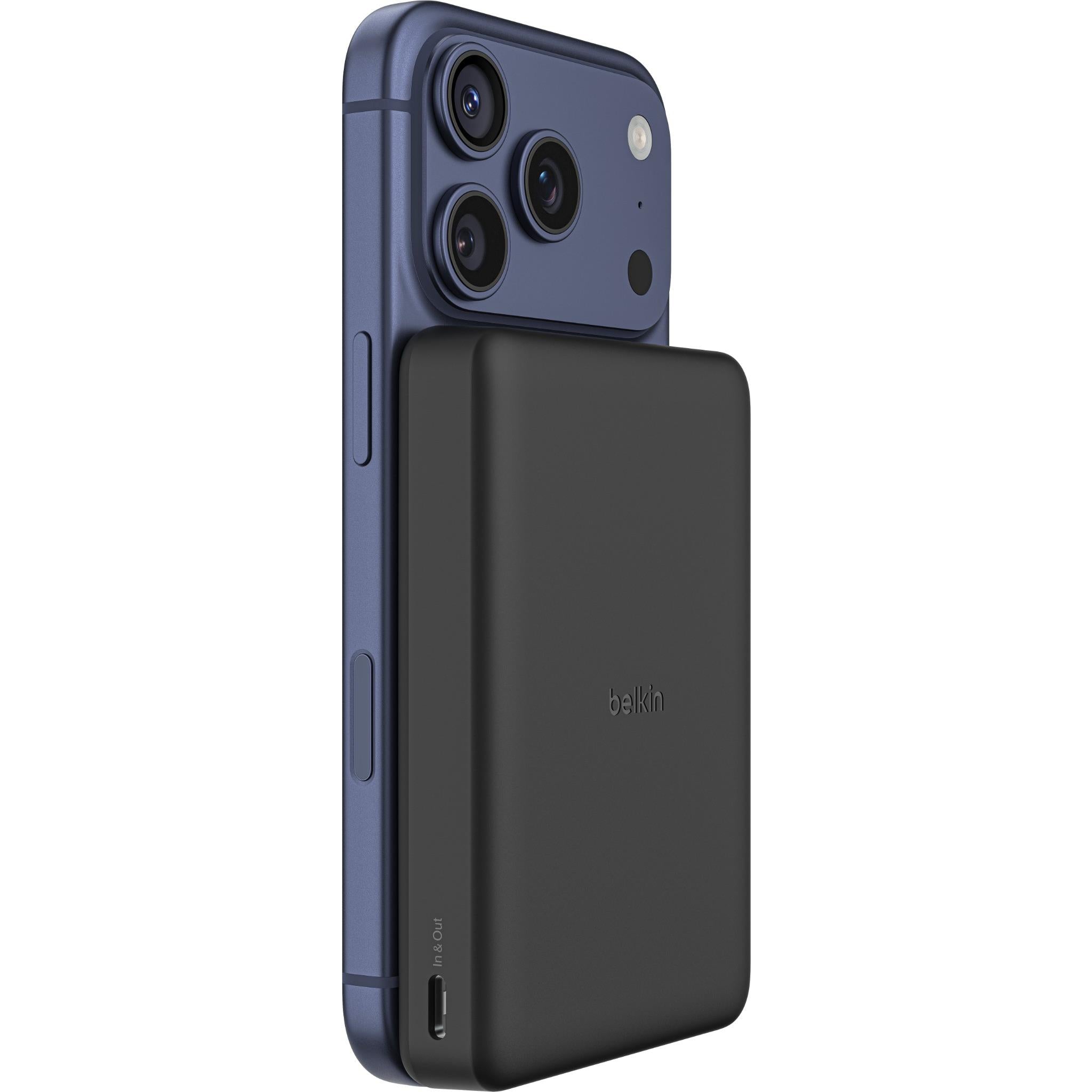 Black slim magnetic power bank with Belkin logo and side buttons