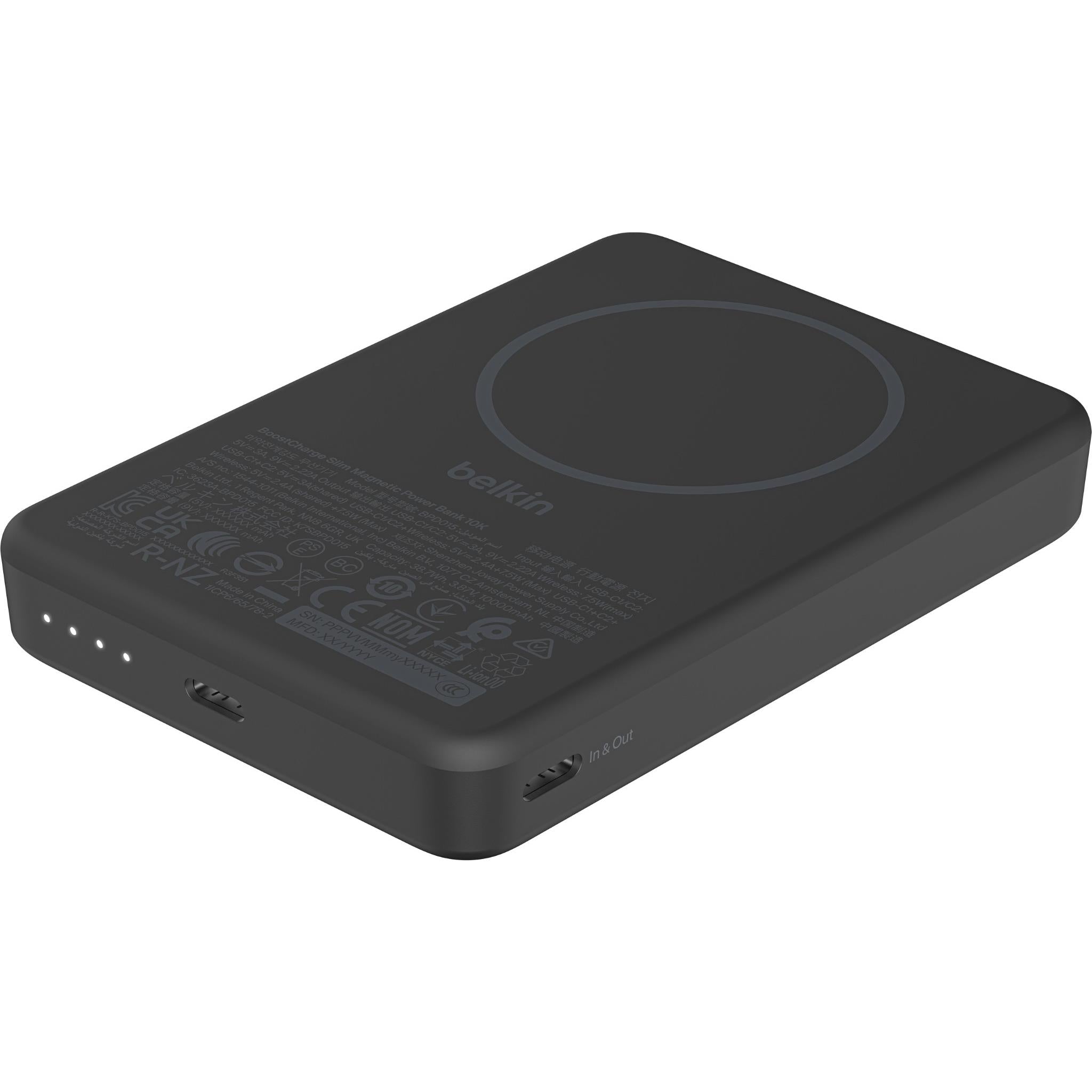 Black slim magnetic power bank angled view with ports and indicator lights