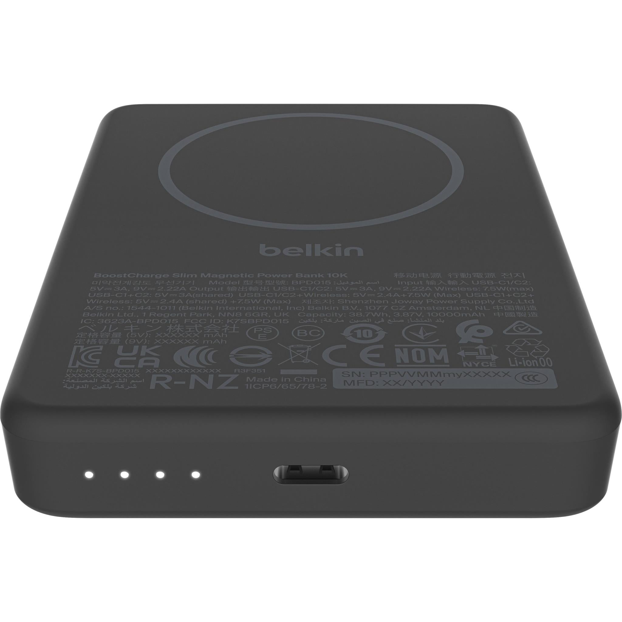 Black slim magnetic power bank underside with charging pad and regulatory markings