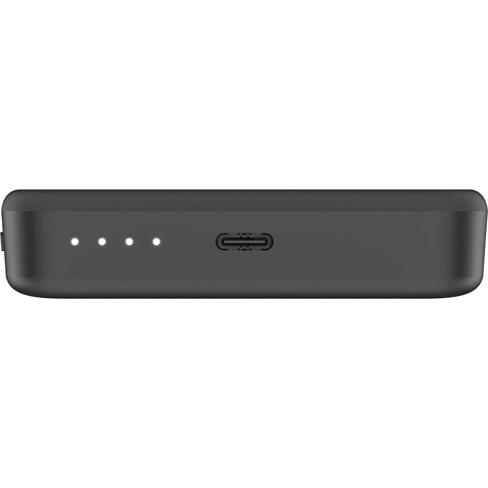 Black slim magnetic power bank side profile with multiple LED indicators and USB-C port