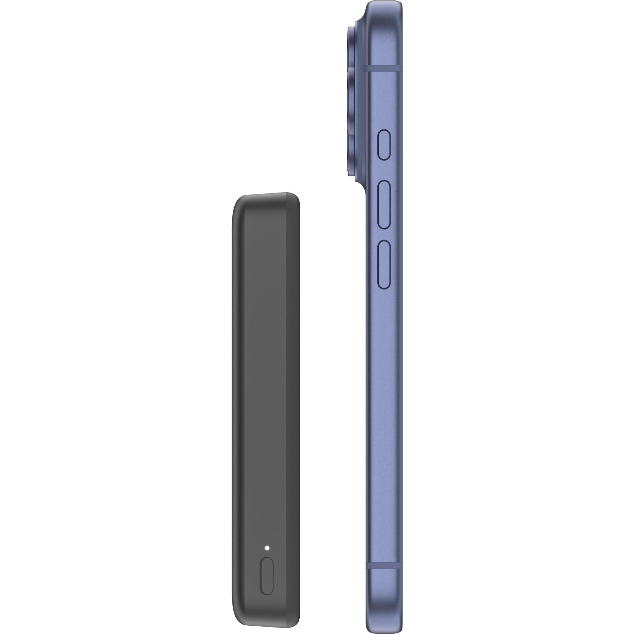 Black and blue slim power bank side-by-side showing power button and ports
