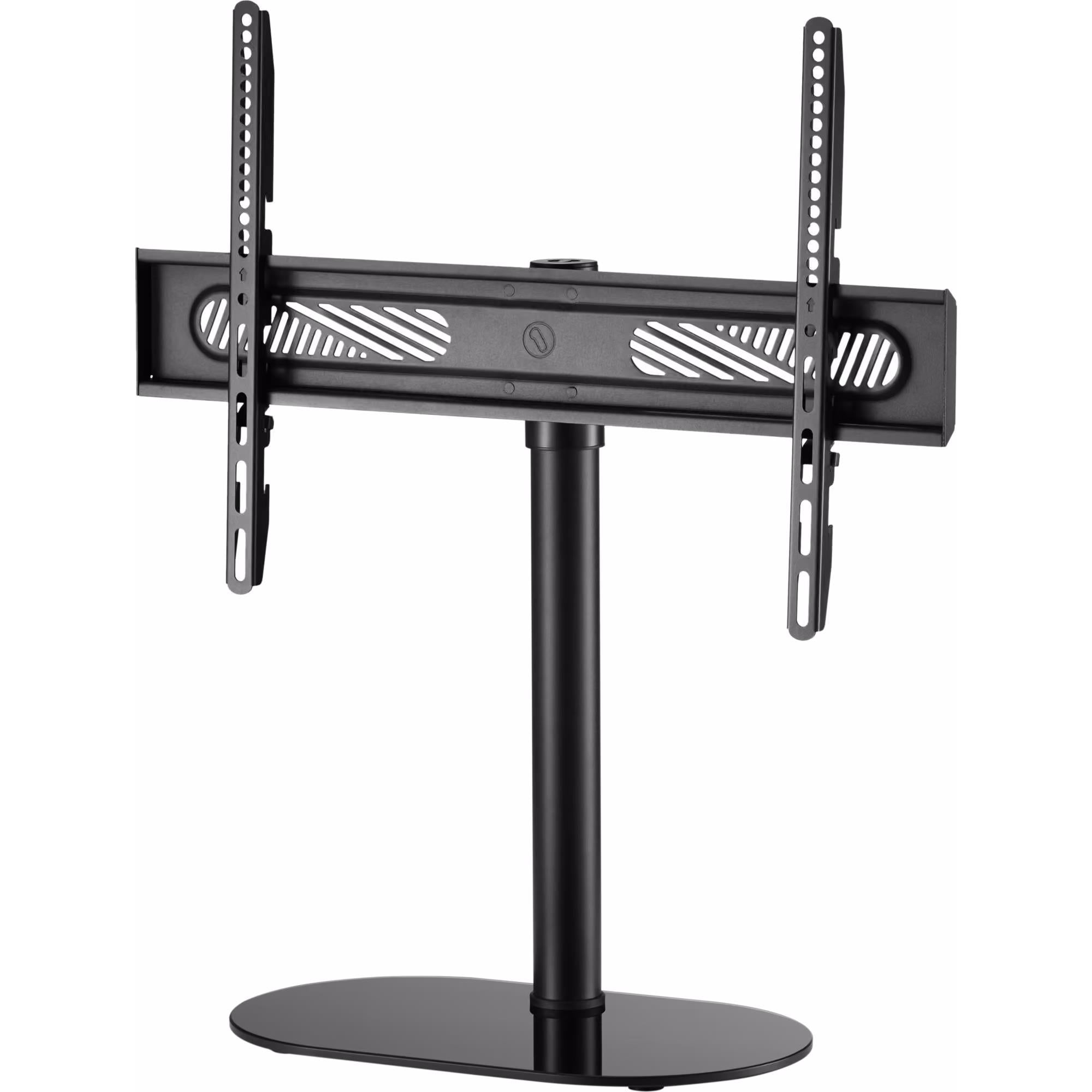 Universal tabletop TV stand with black mount arms and round base