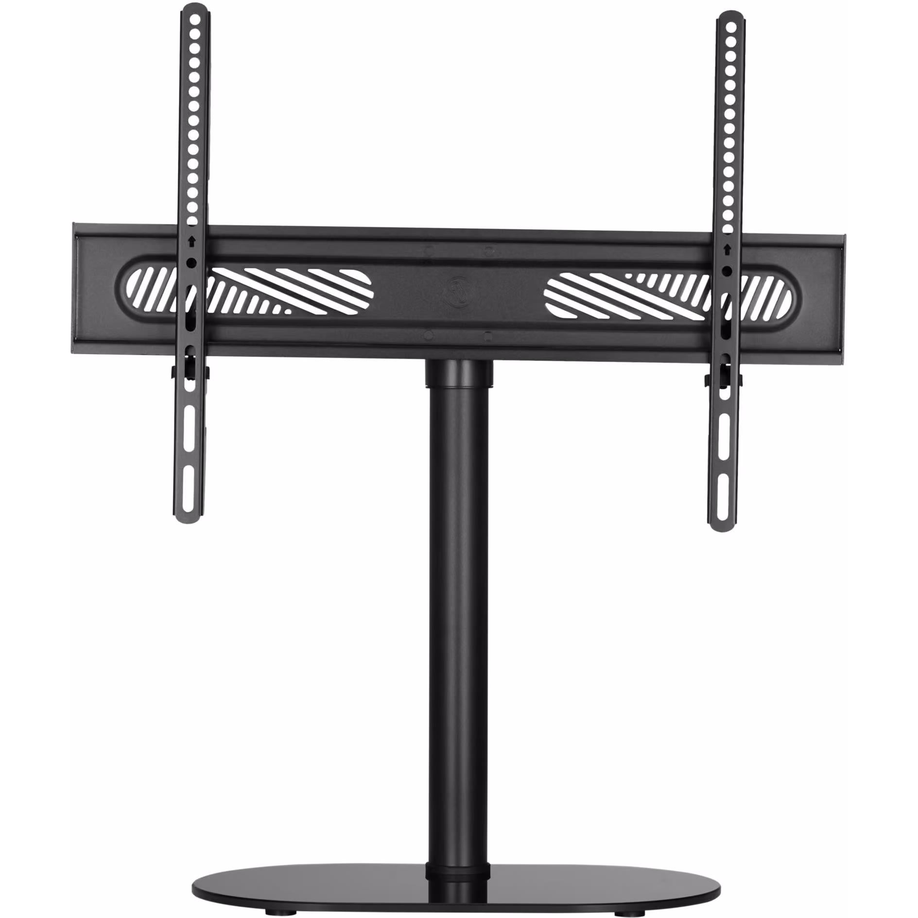 Universal tabletop TV stand with VESA side rails and central pedestal base