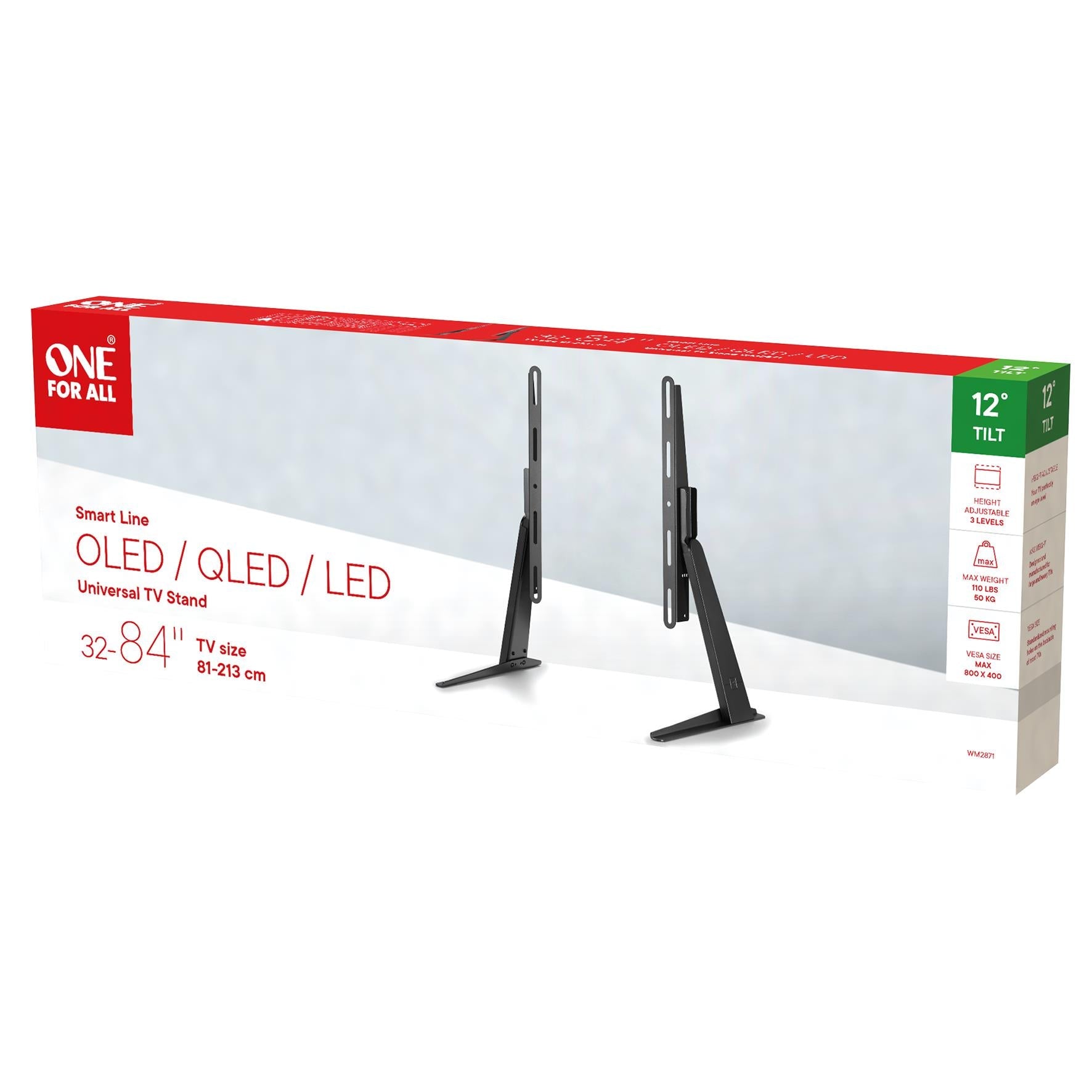 Black universal TV tilt stand with mounting arms, shown on retail package