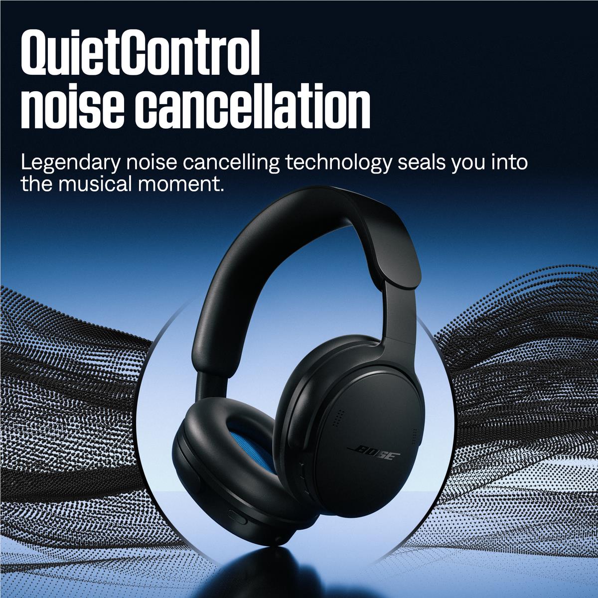Black Bose over-ear headphones with earcups and visible inner blue accents