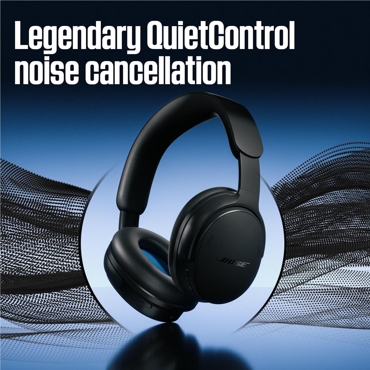 Black Bose over-ear headphones with circular earcups and inner blue accents