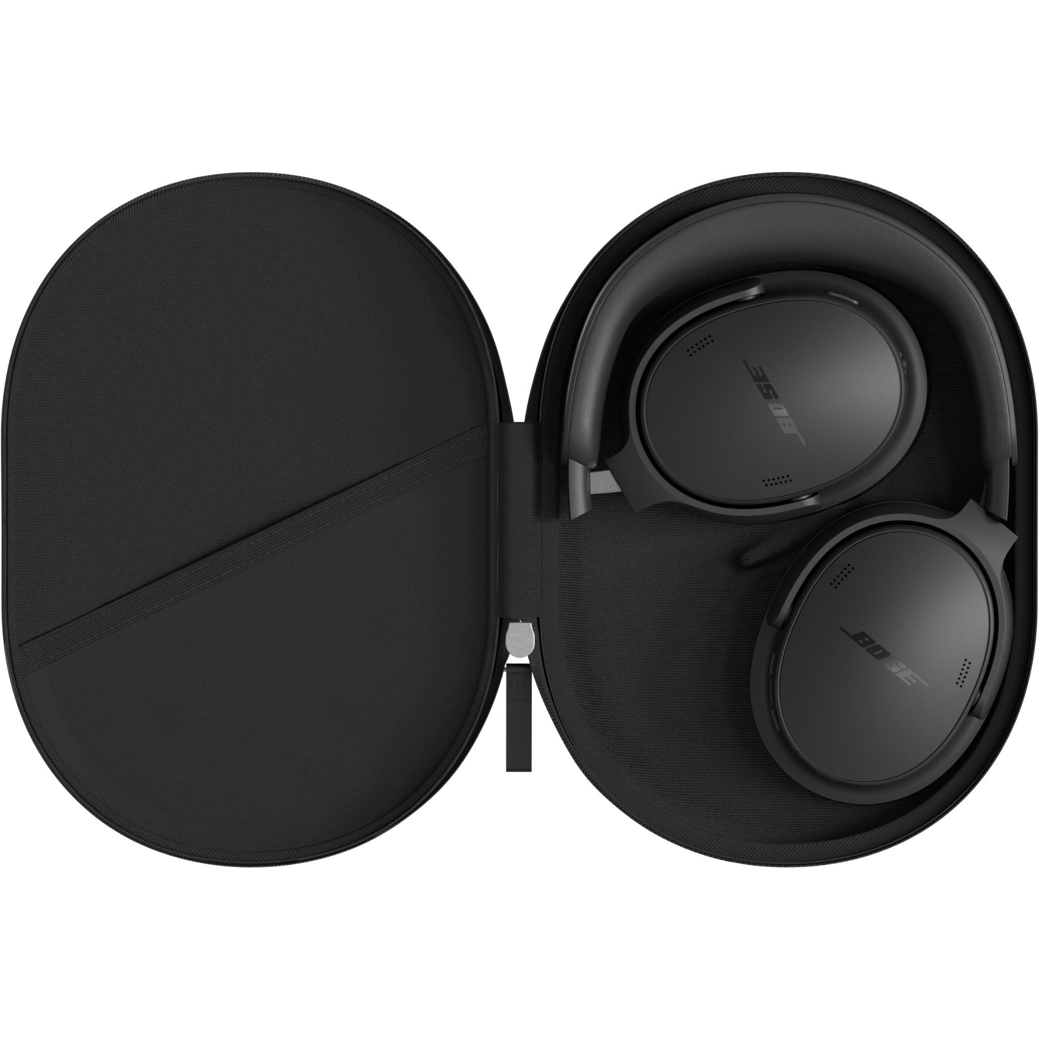 Black Bose over-ear headphones with open earcups showing inner drivers