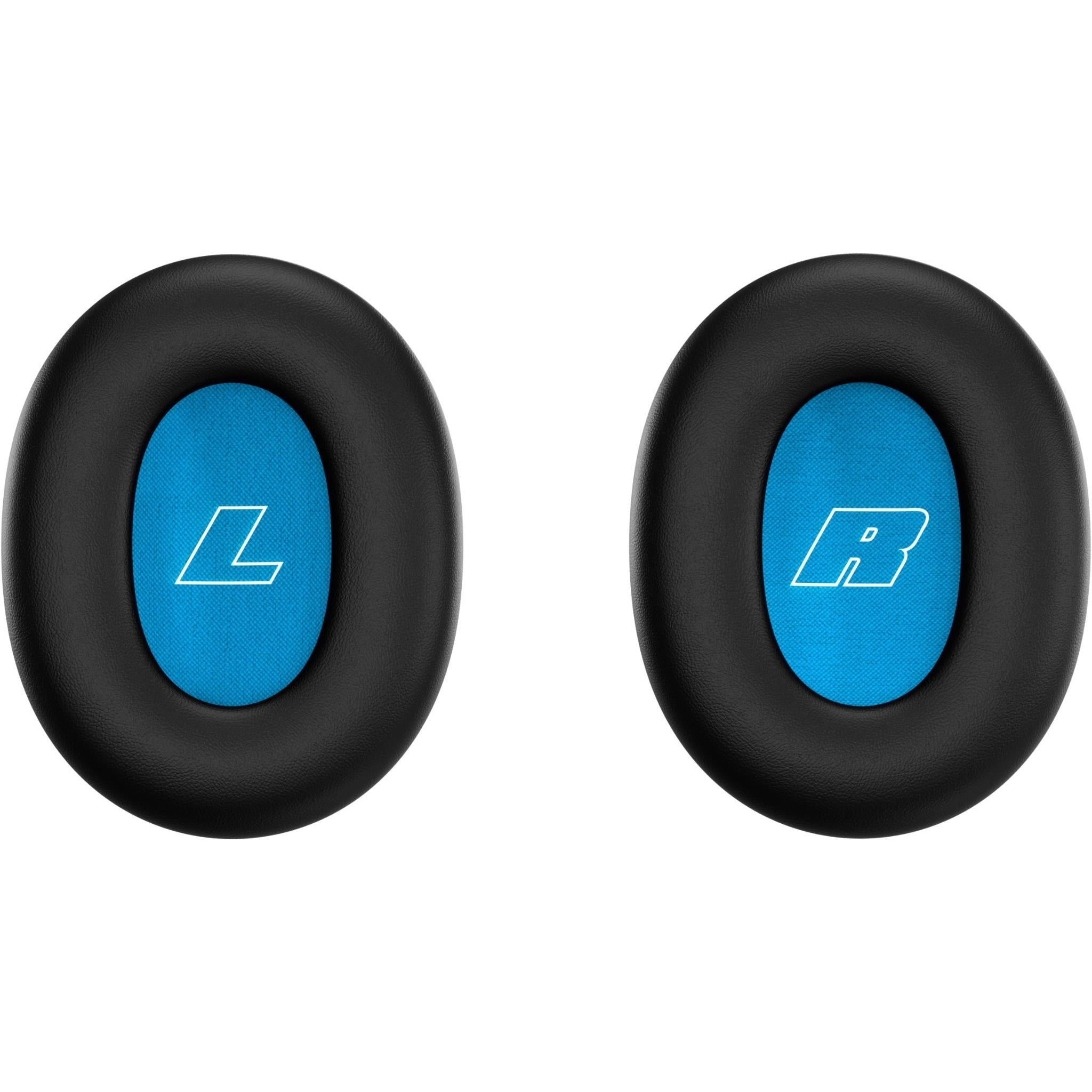 Black Bose ear cushions with blue pads marked L and R
