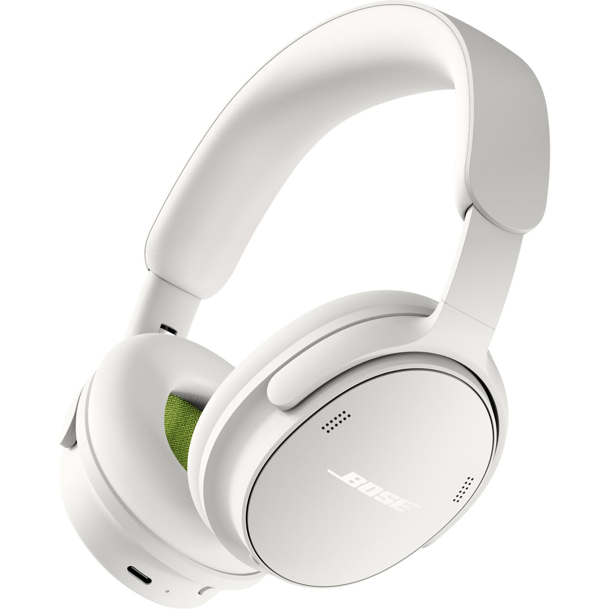 White over-ear stereo headphones with green ear cushion and Bose logo on earcup