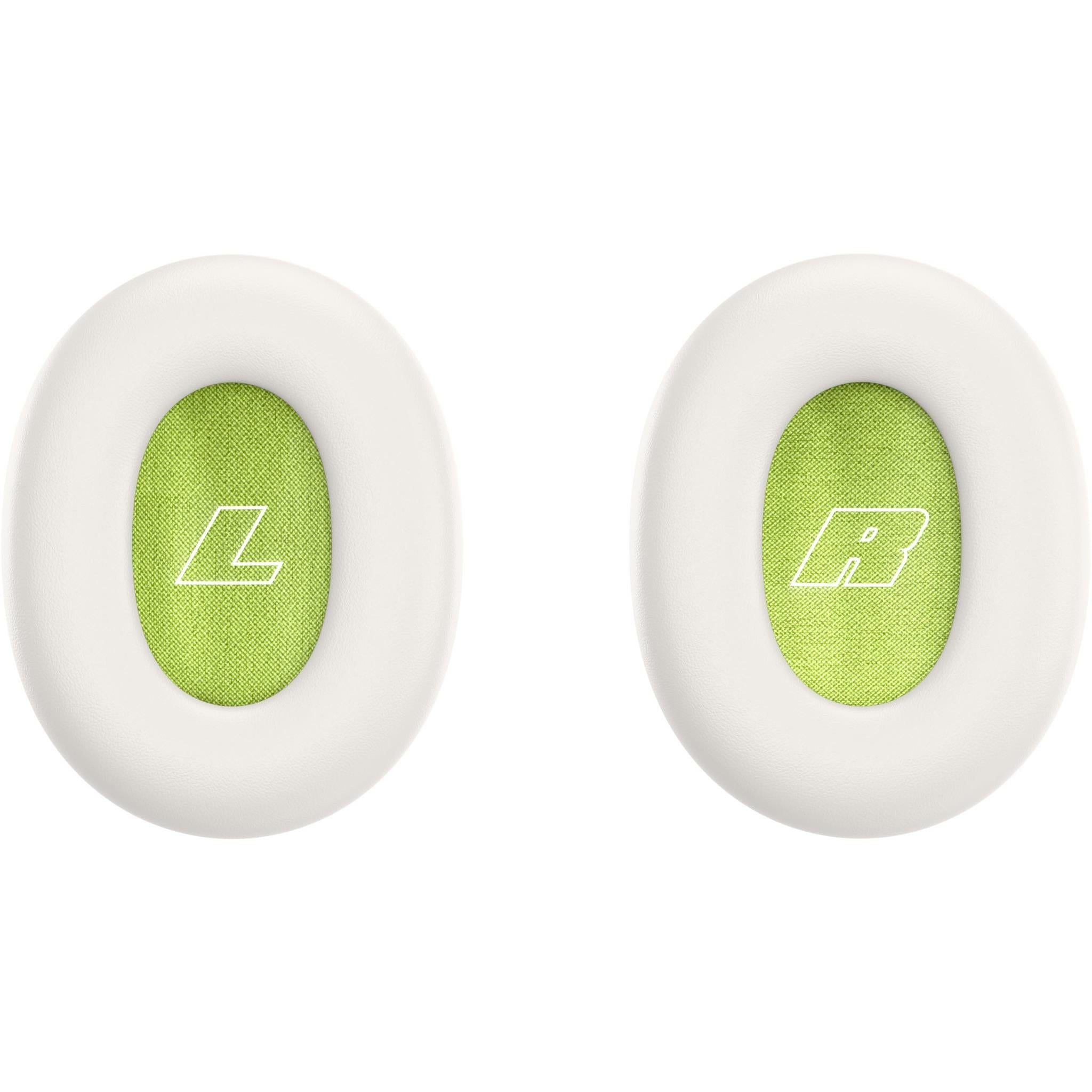 Pair of white ear pads with green inserts and left/right icons