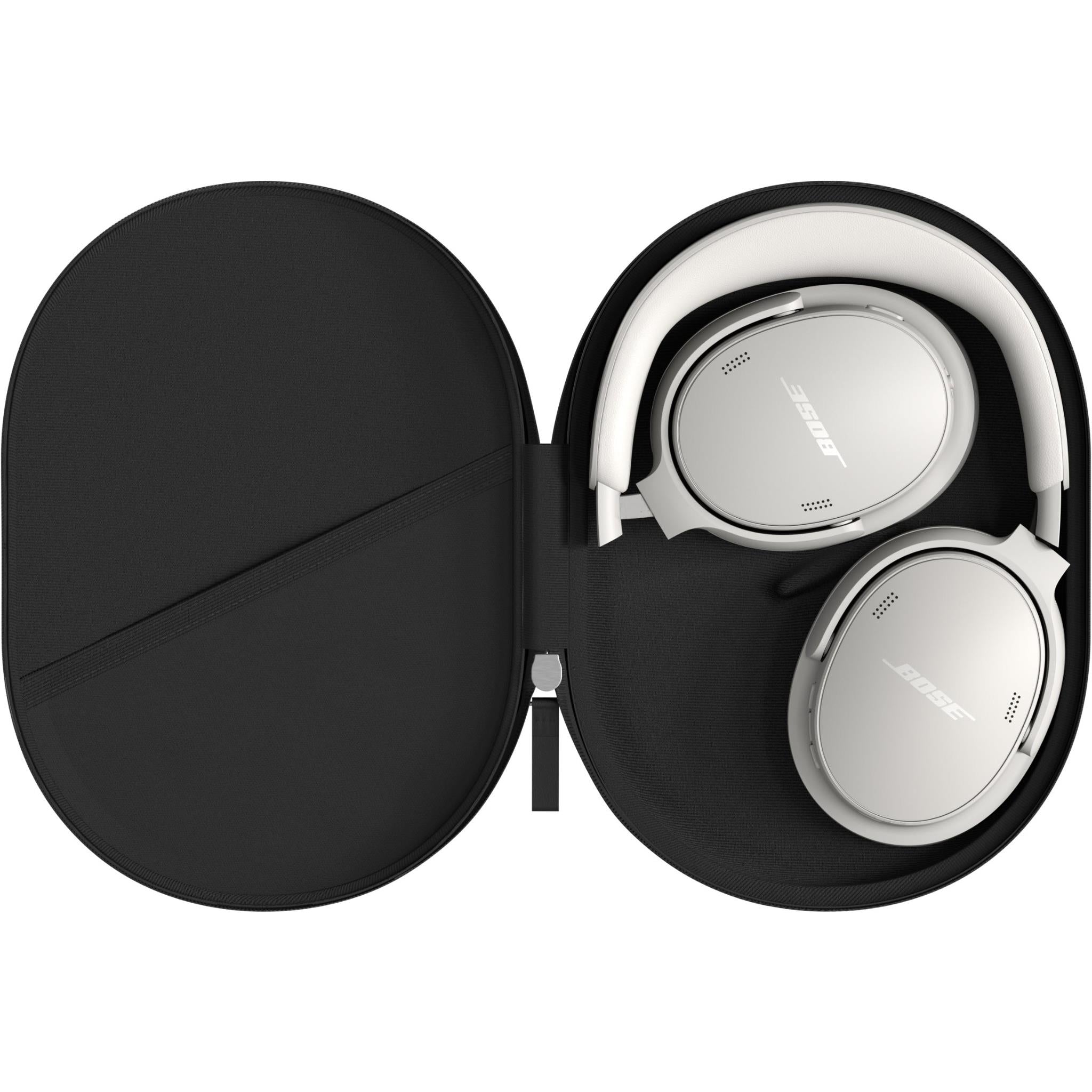 Black over-ear headphones with earcups open in a carrying case