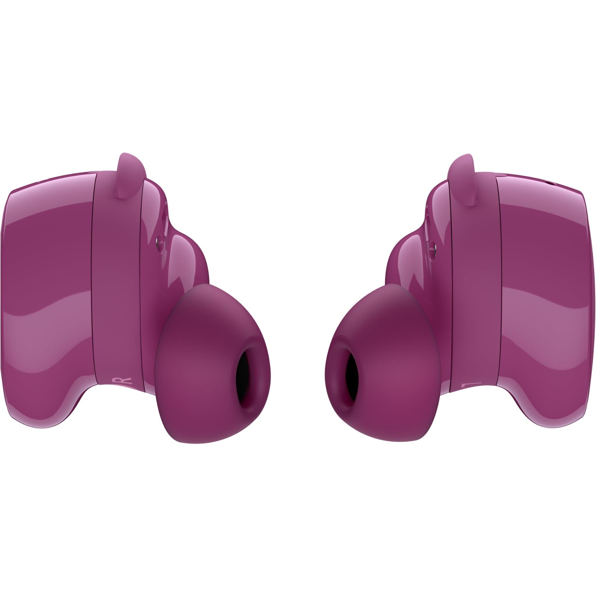 Rosewood mauve wireless earbuds, side view with ear tips, Bose