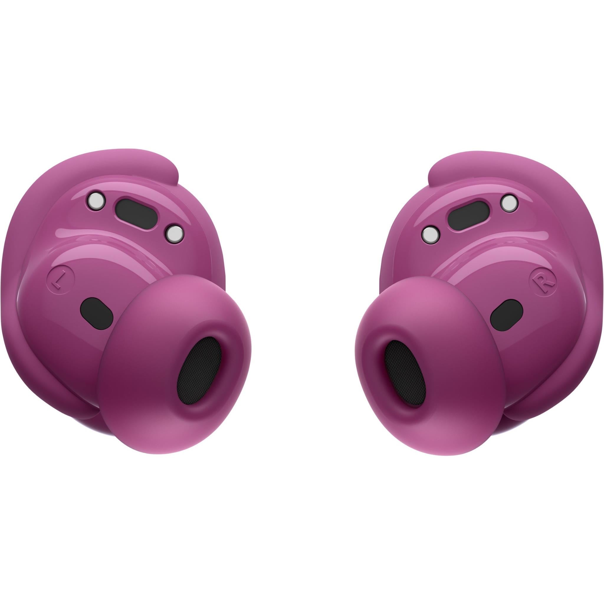 Rosewood mauve wireless earbuds, underside view with speaker grilles, Bose