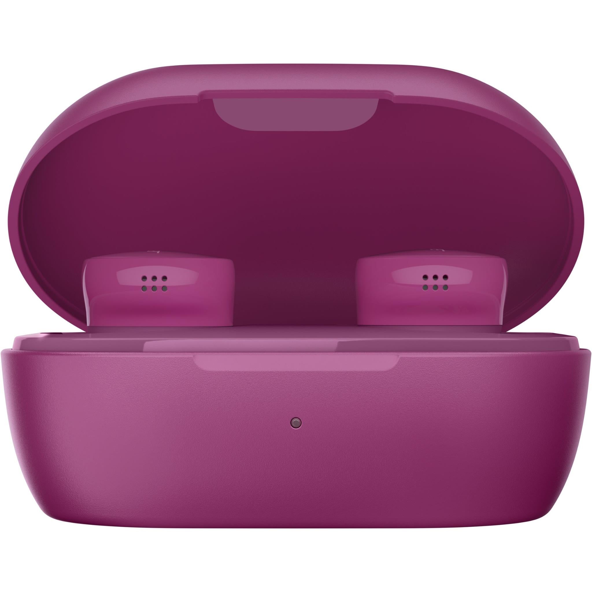 Rosewood mauve charging case with earbuds docked, Bose