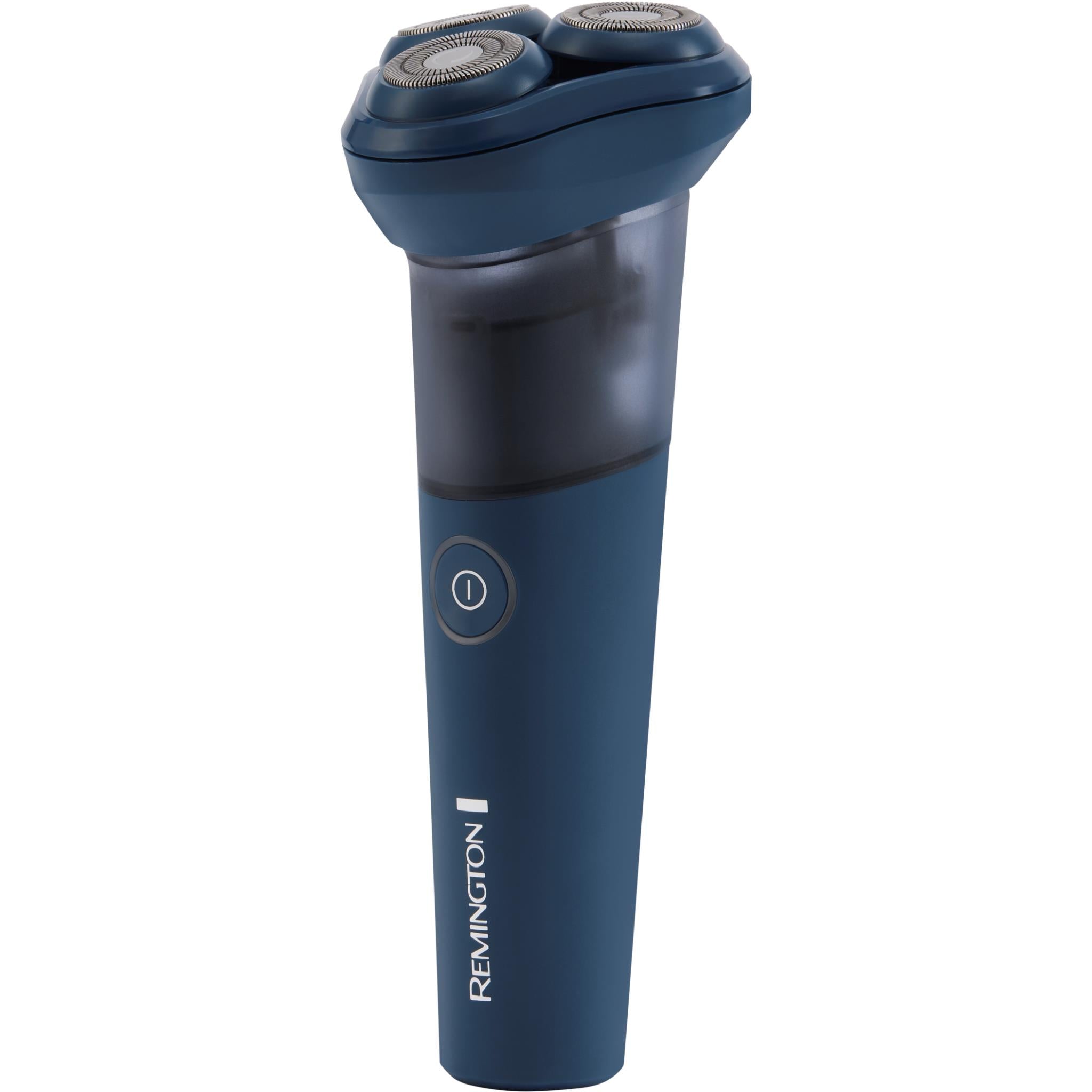 Blue Remington rotary electric shaver front view with three circular shaving heads