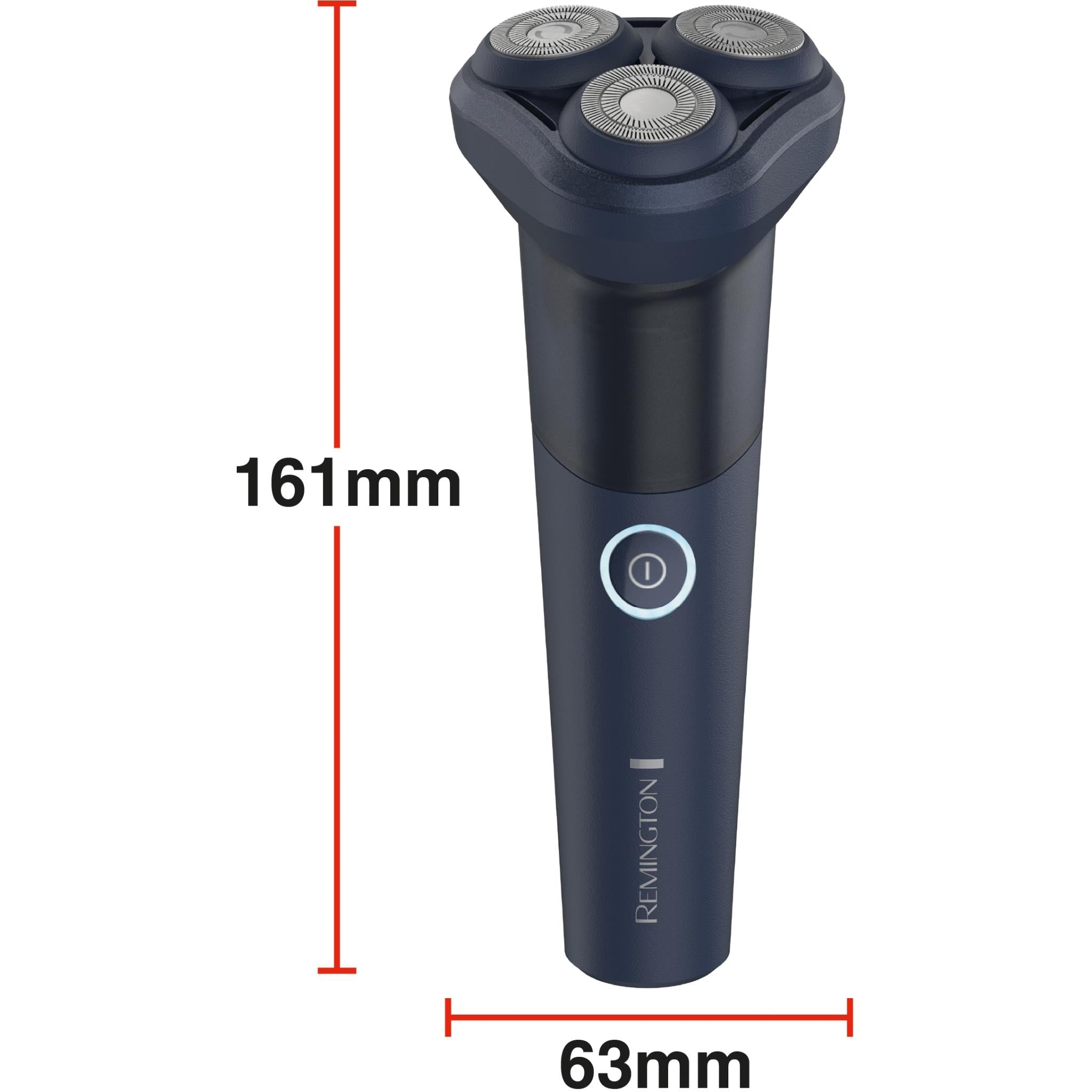 Blue Remington rotary shaver with size markers: 161mm tall, 63mm wide