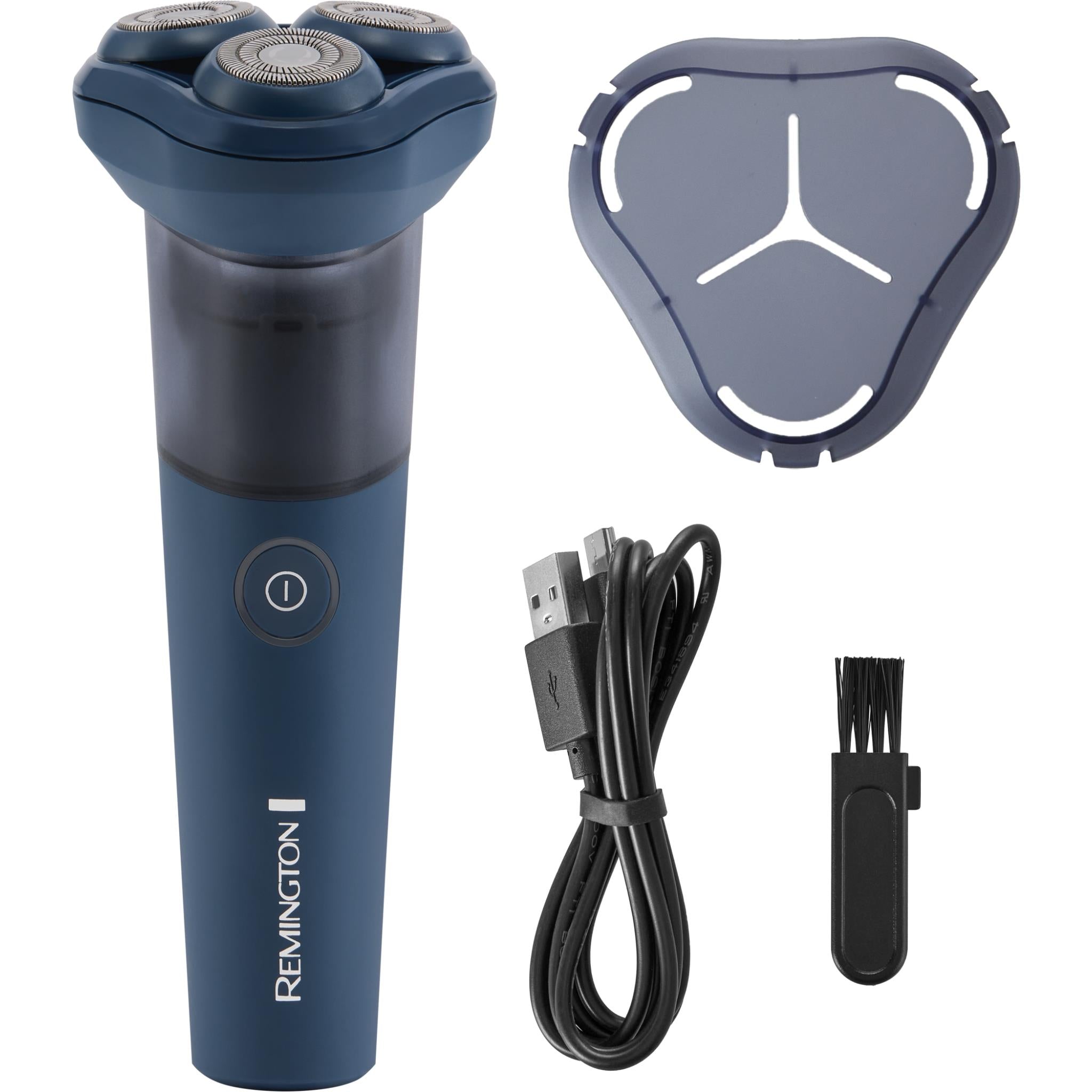 Blue Remington rotary shaver with USB cable, cleaning brush, and protective head cover