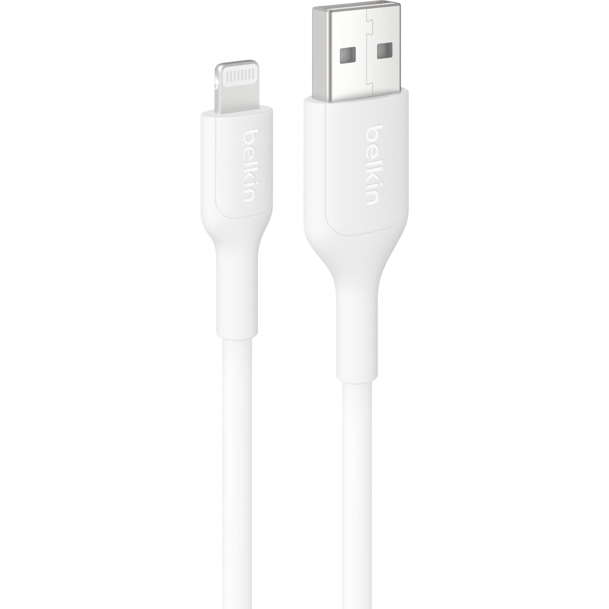 White USB-A to Lightning charging cable, 2 m, with molded connectors