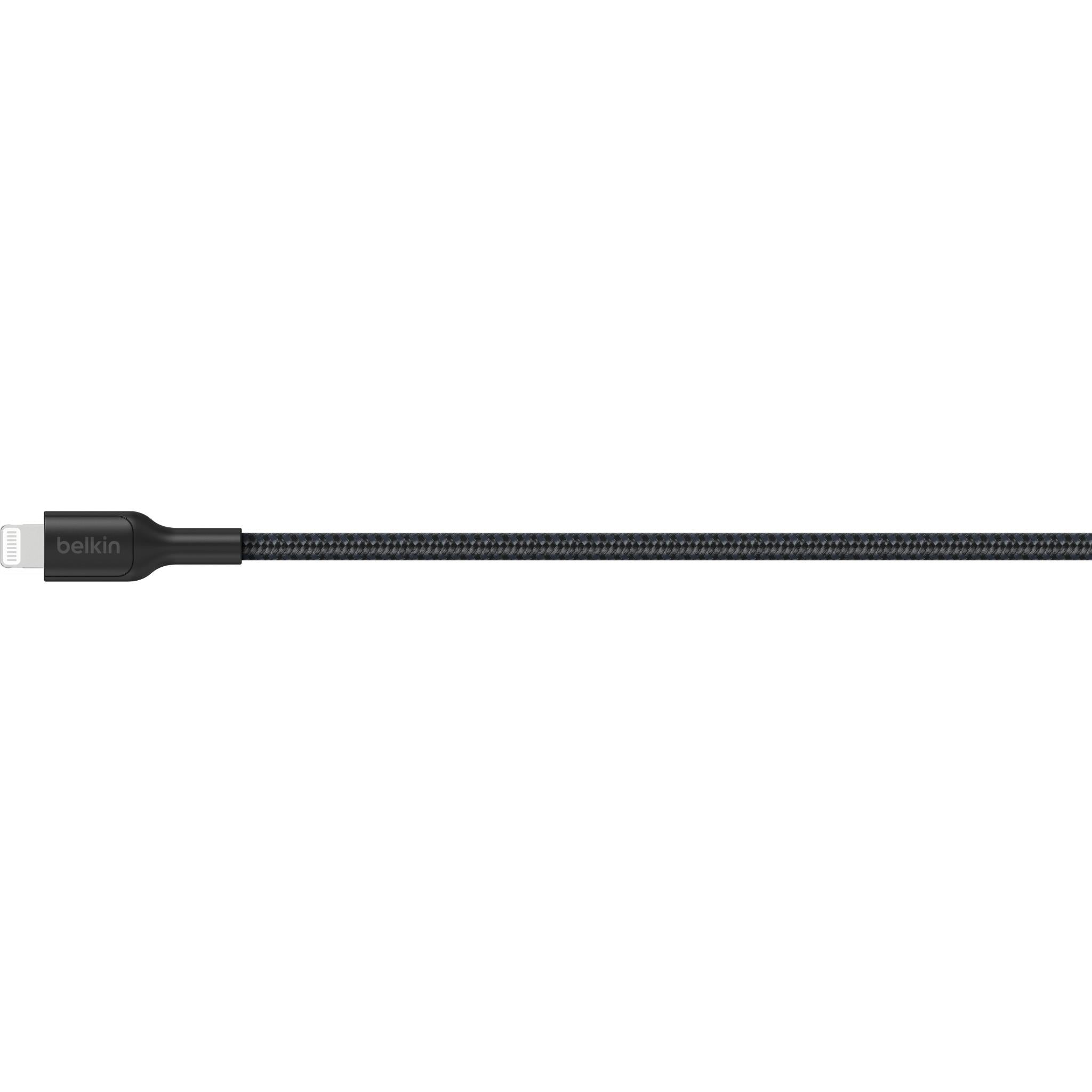Black braided USB-A to Lightning cable, side view of braided texture