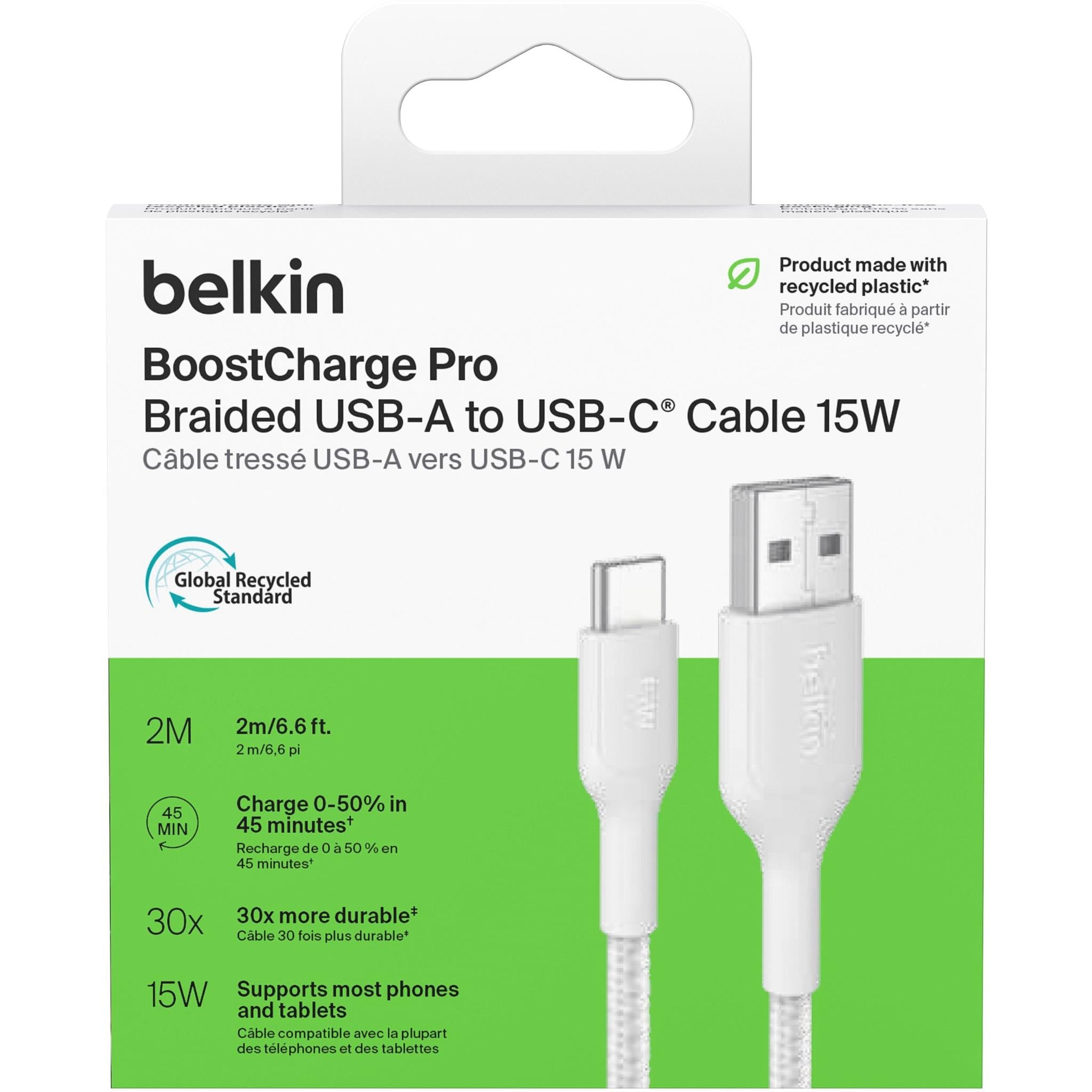 Belkin BoostCharge Pro braided USB-A to USB-C cable, 2m, white, image 2 - USB Cables & Adapters at Tech Supply Shed NZ