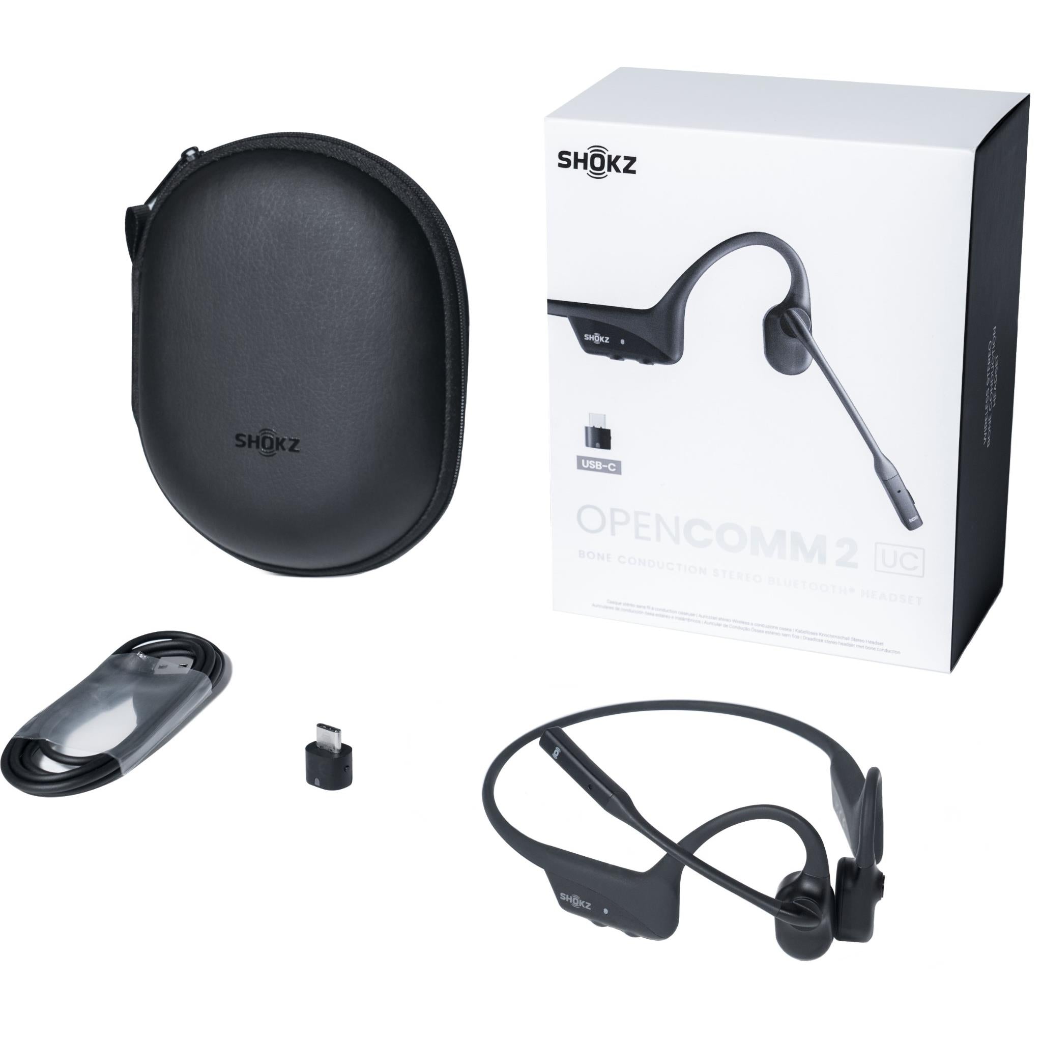 Shokz OpenComm2 UC bone conduction headset kit with black case and USB-C adapter