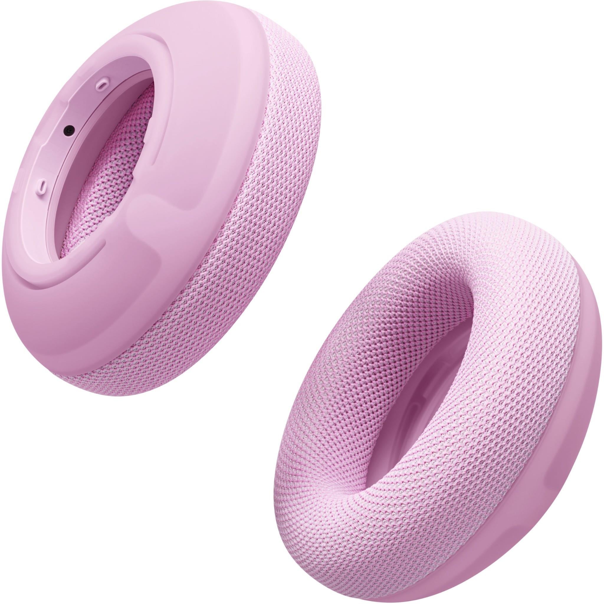 Pink performance knit ear pad and headband cushion, shown at angles