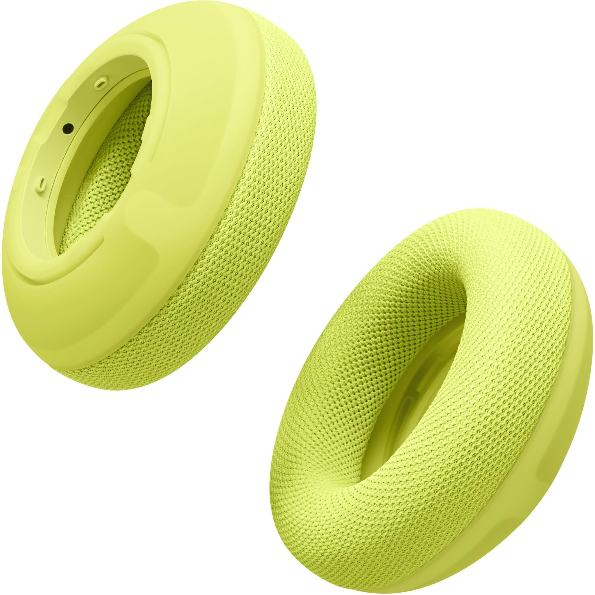 Volt green knit ear cushions with outer shell, angled side view