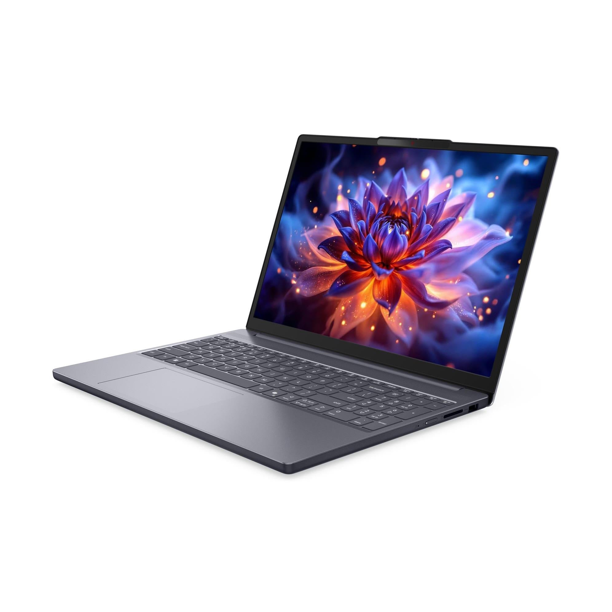 Grey Lenovo IdeaPad Slim 3 laptop open with colorful flower wallpaper on display