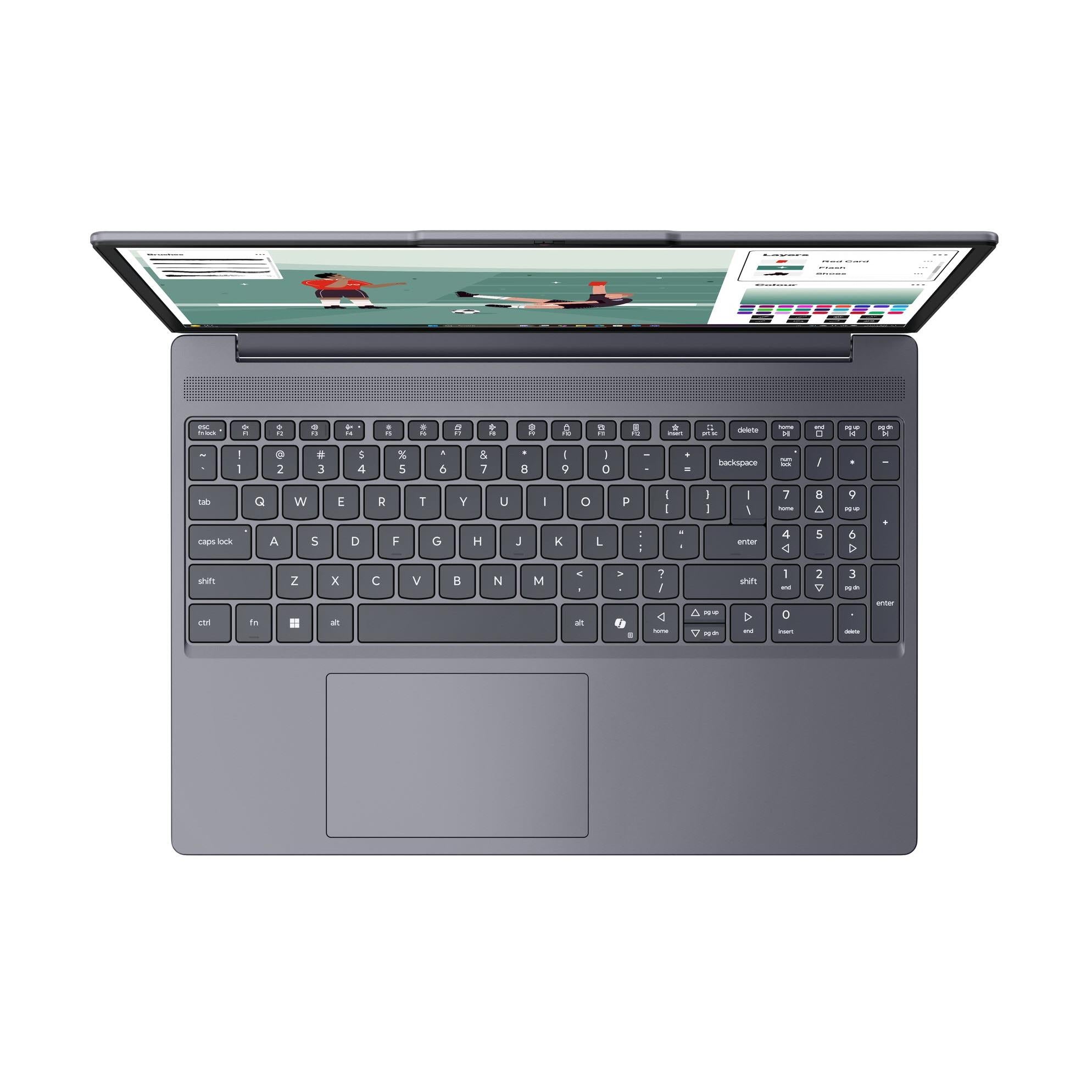 Grey Lenovo IdeaPad Slim 3 laptop close-up of keyboard and top display bezel