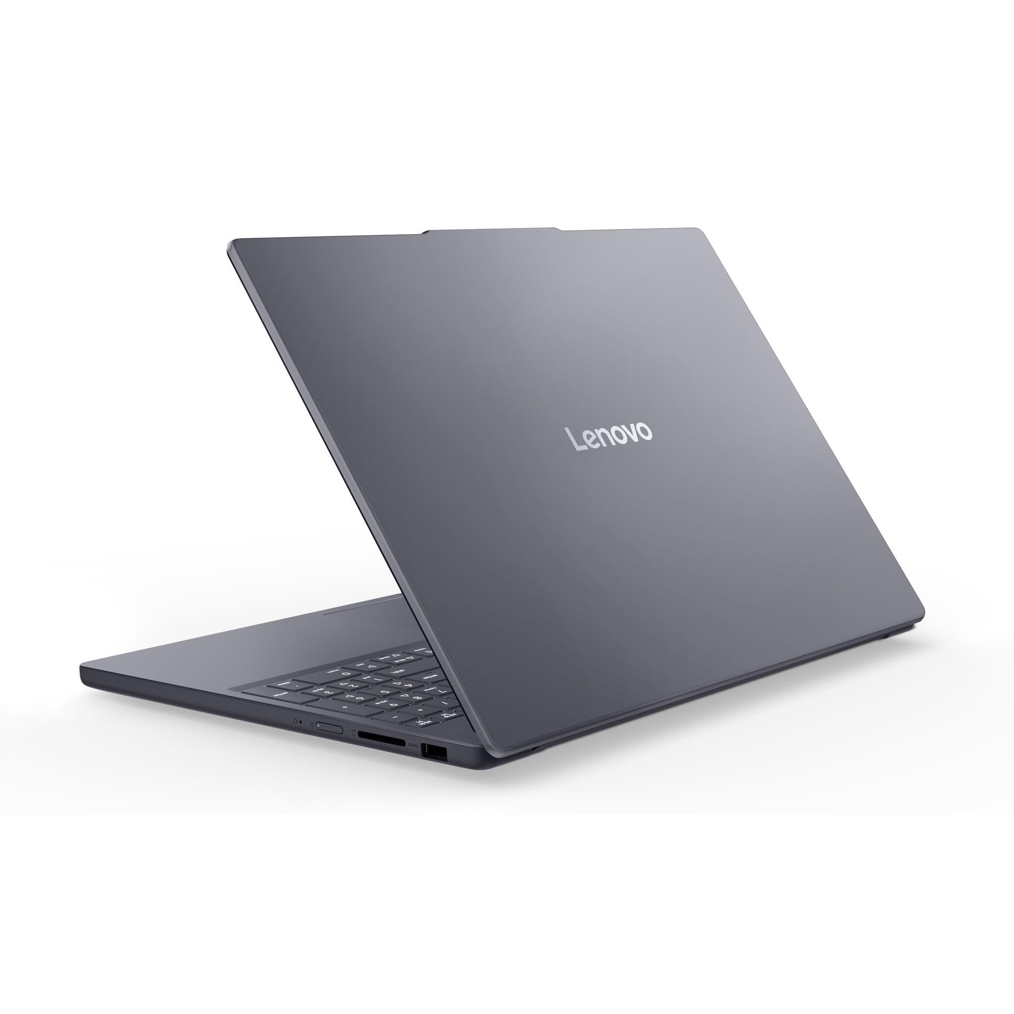 Grey Lenovo IdeaPad Slim 3 laptop closed, angled view showing Lenovo logo