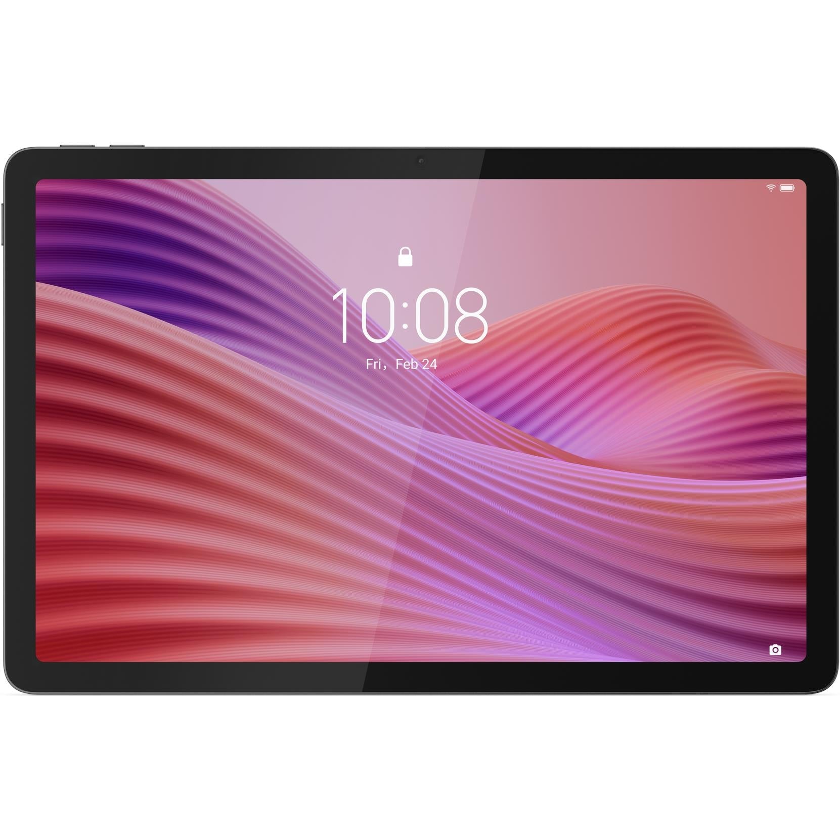 Dark gray tablet with colorful wave display showing 10:08