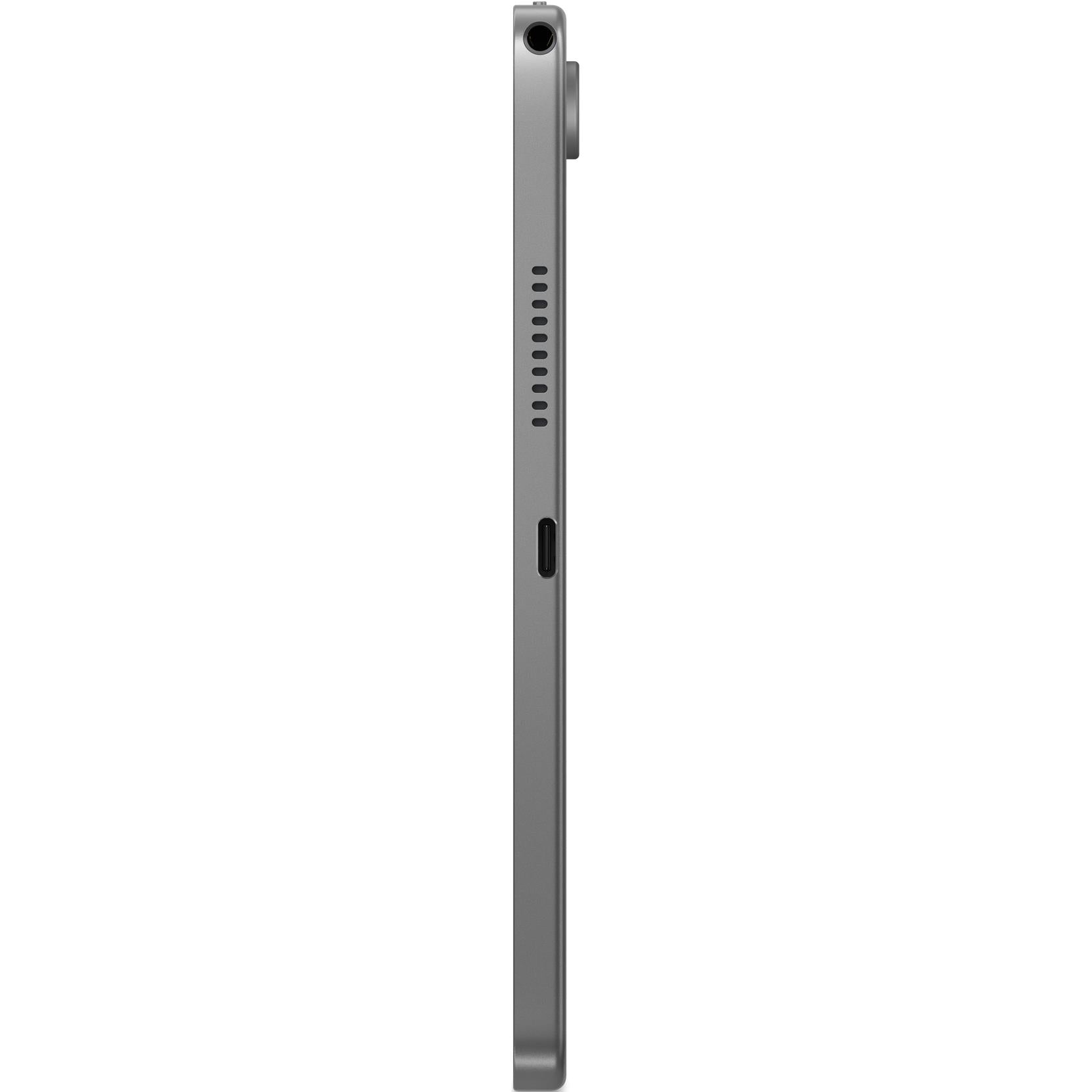 Gray tablet right edge with ports and volume controls plus headphone jack