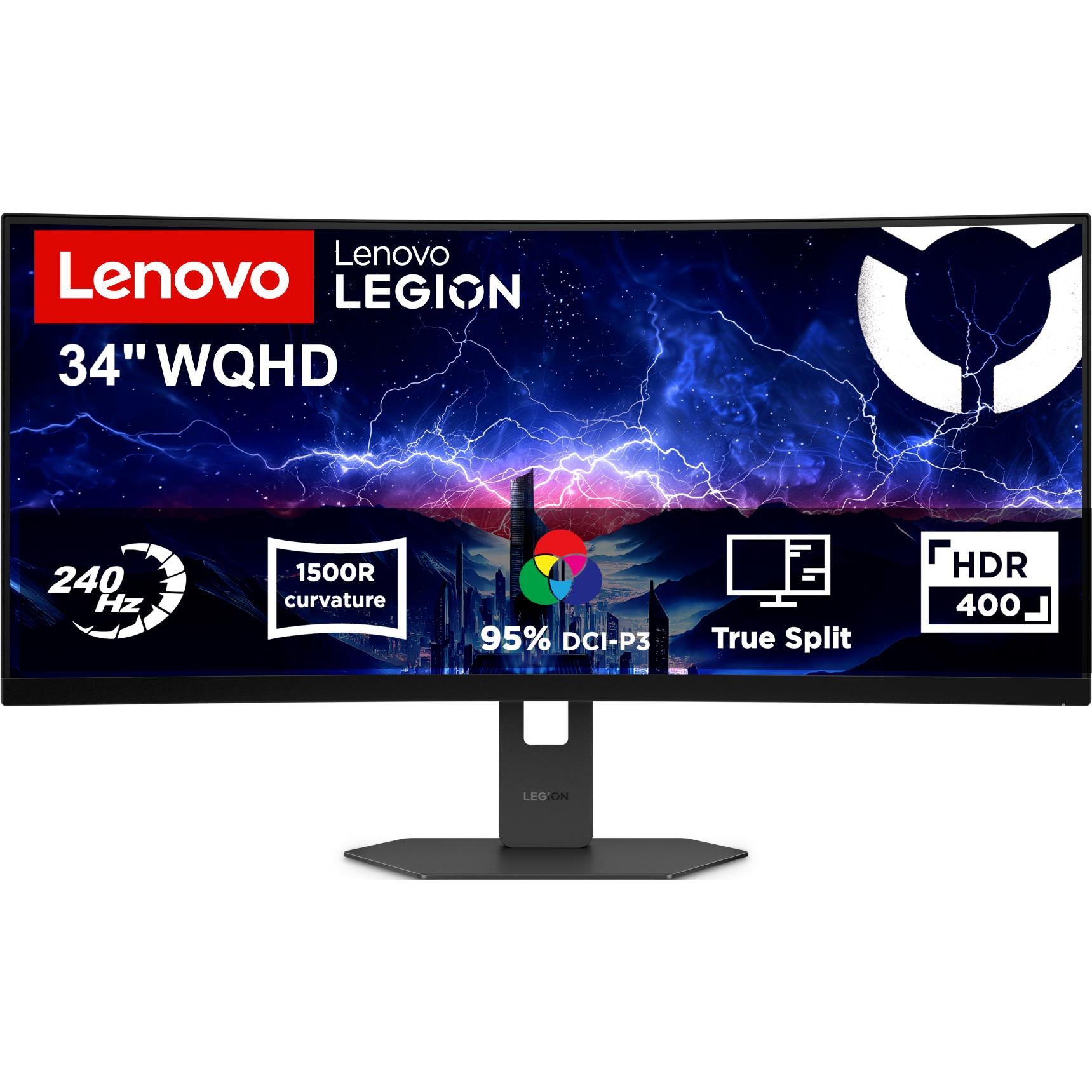 Curved gaming monitor with black stand, front view, WQHD display with blue lightning graphic